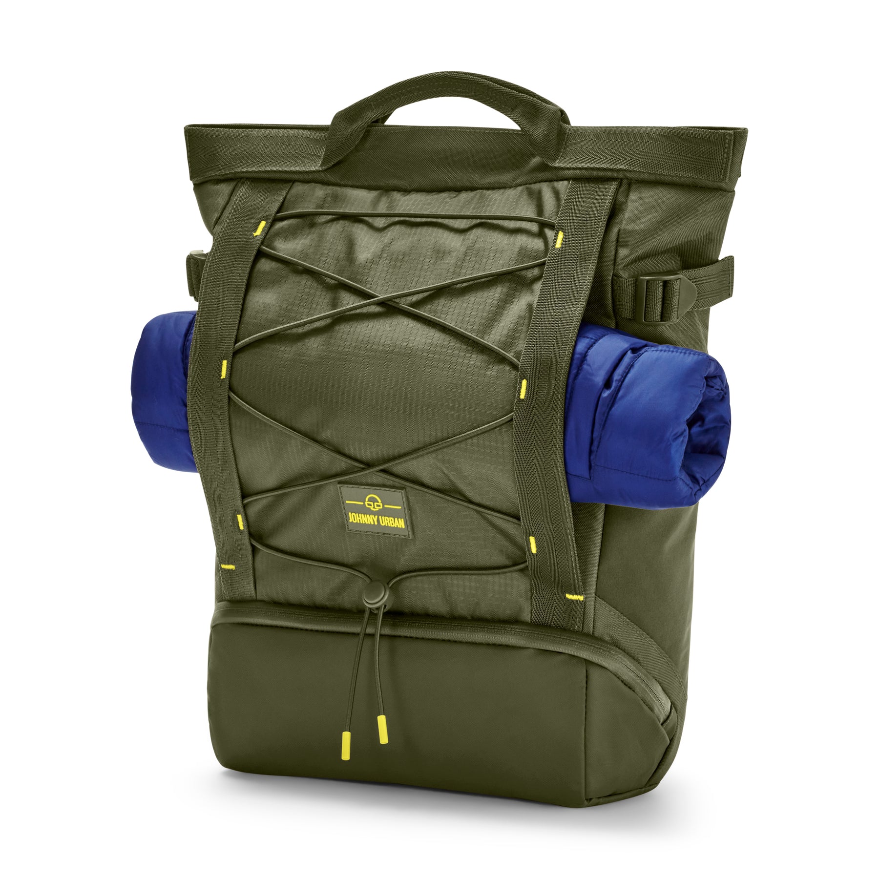 Olivefarbener Rucksack 'Harper' mit elastischen Bändern und befestigter blauer Rolle