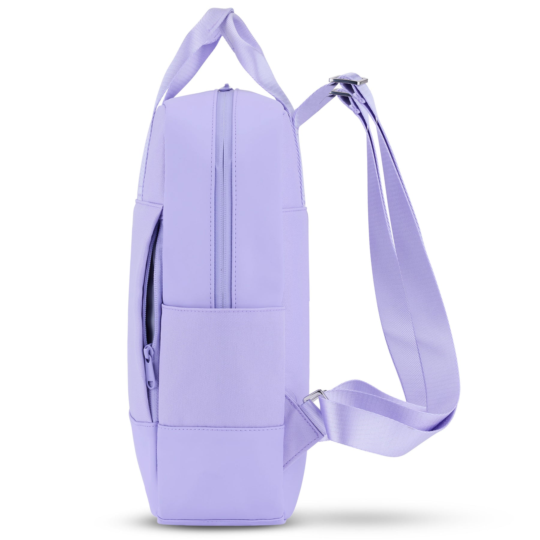 Rucksack Jona Medium in fliederfarben, seitliche Ansicht mit Reißverschluss und verstellbarem Schultergurt