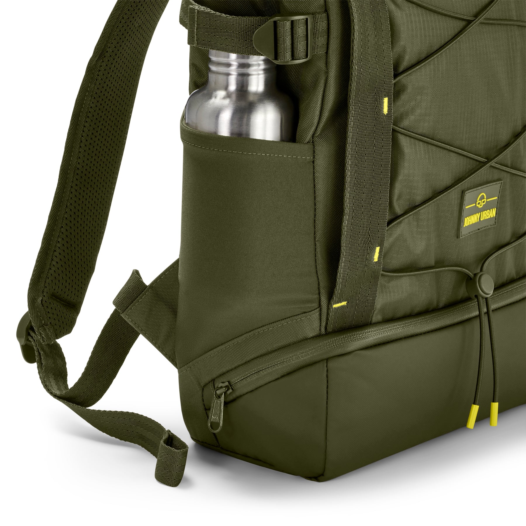 Olivegrüner Rucksack 'Harper' mit seitlichem Fach und silberner Trinkflasche