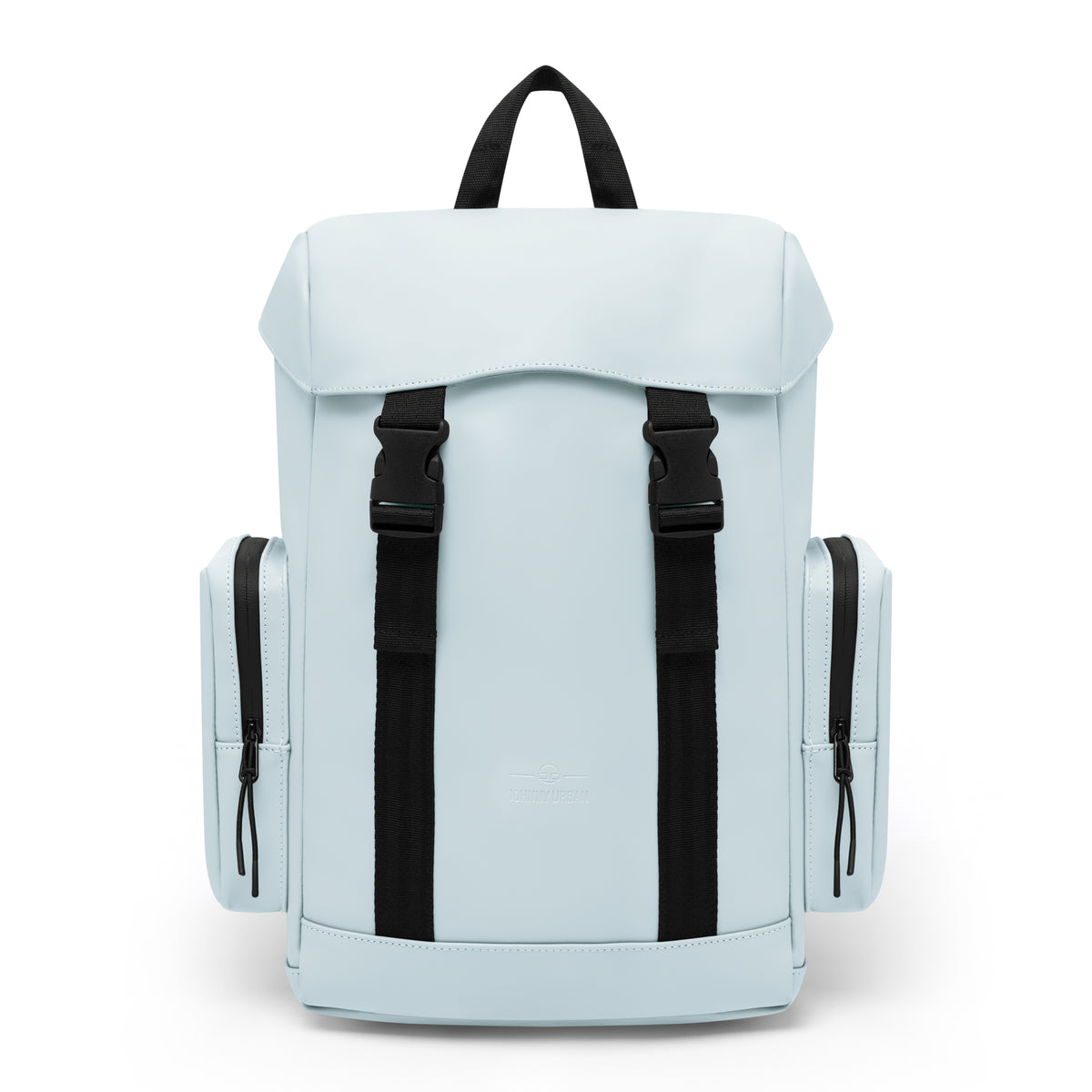 Hellblauer Rucksack 'Finley' mit schwarzen Trägern und zwei seitlichen Reißverschlusstaschen