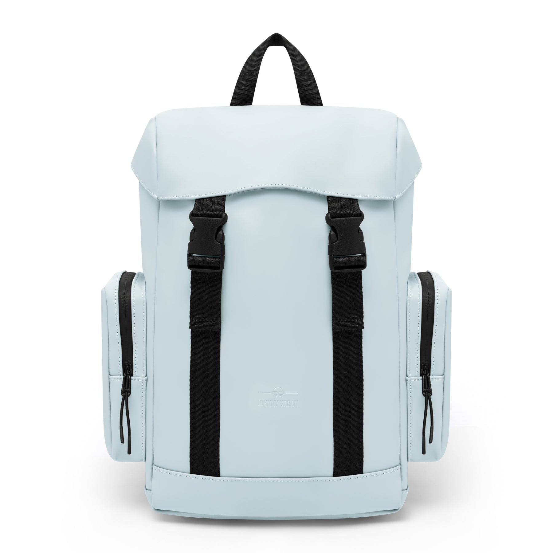 Hellblauer Rucksack 'Finley' mit schwarzen Trägern und zwei seitlichen Reißverschlusstaschen