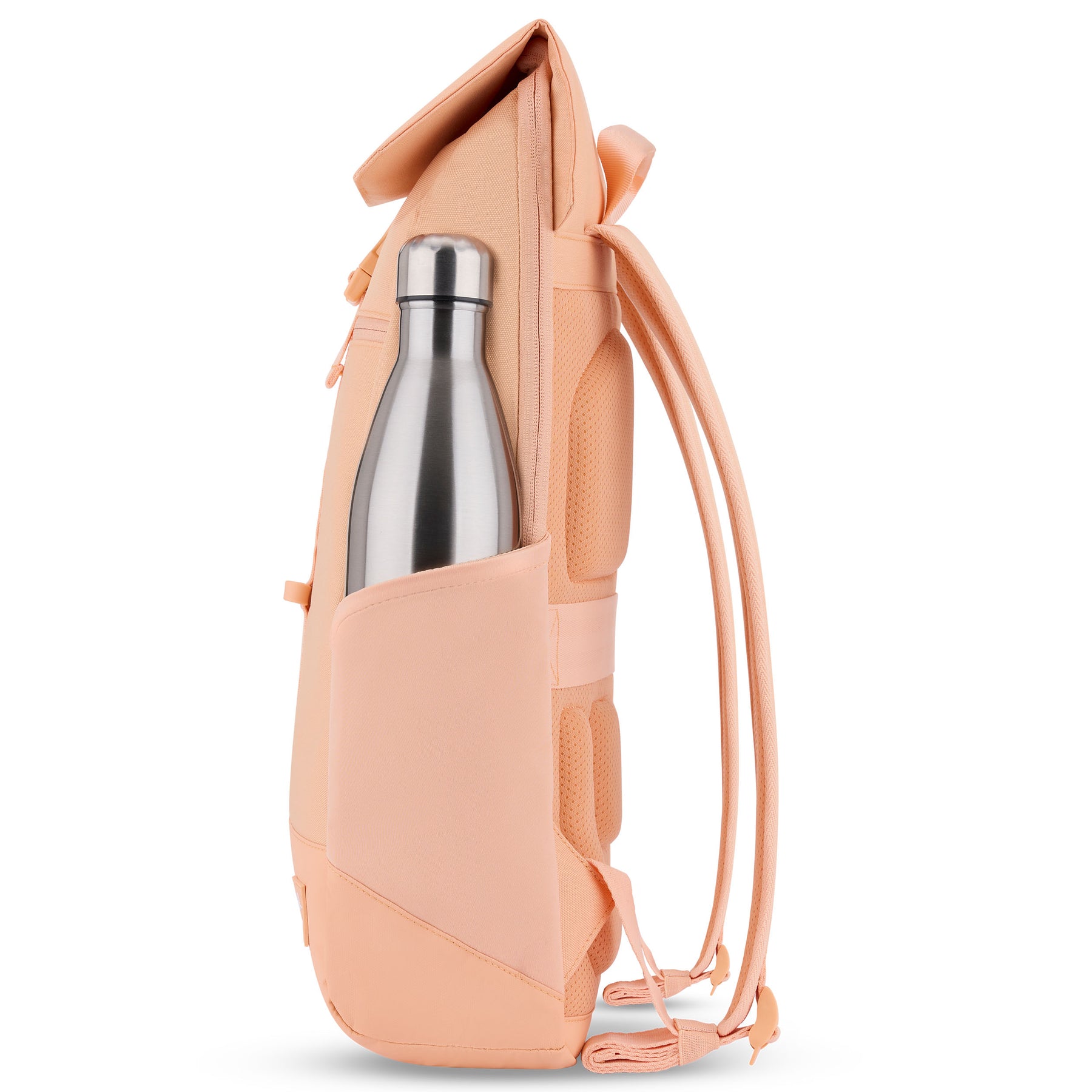 Rucksack 'Mika' in Pfirsichfarbe mit seitlicher Außentasche und silberner Trinkflasche