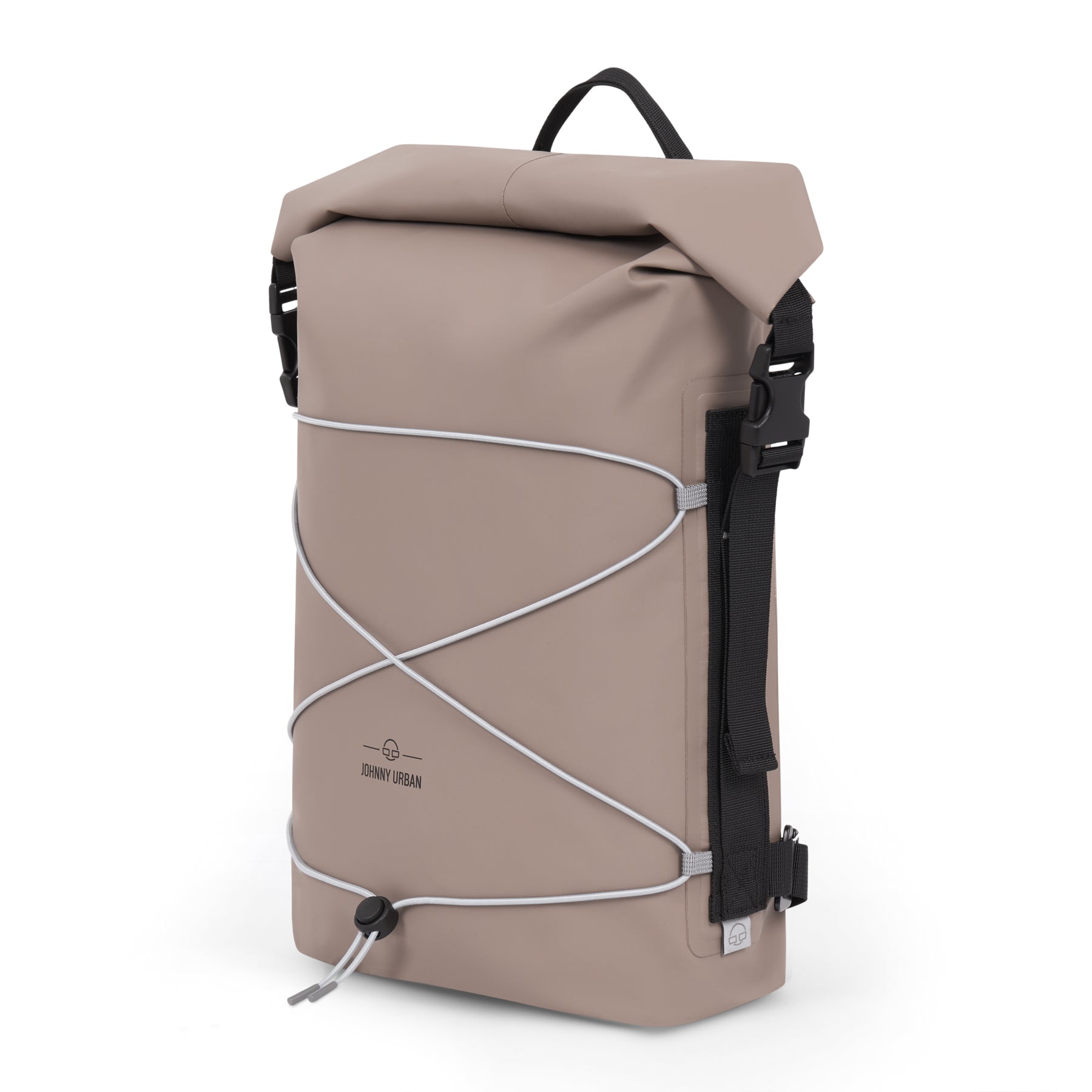 Beiger wasserdichter Rolltop Rucksack 'Myles' von Johnny Urban mit schwarzem Tragegriff und elastischer Schnur vorne