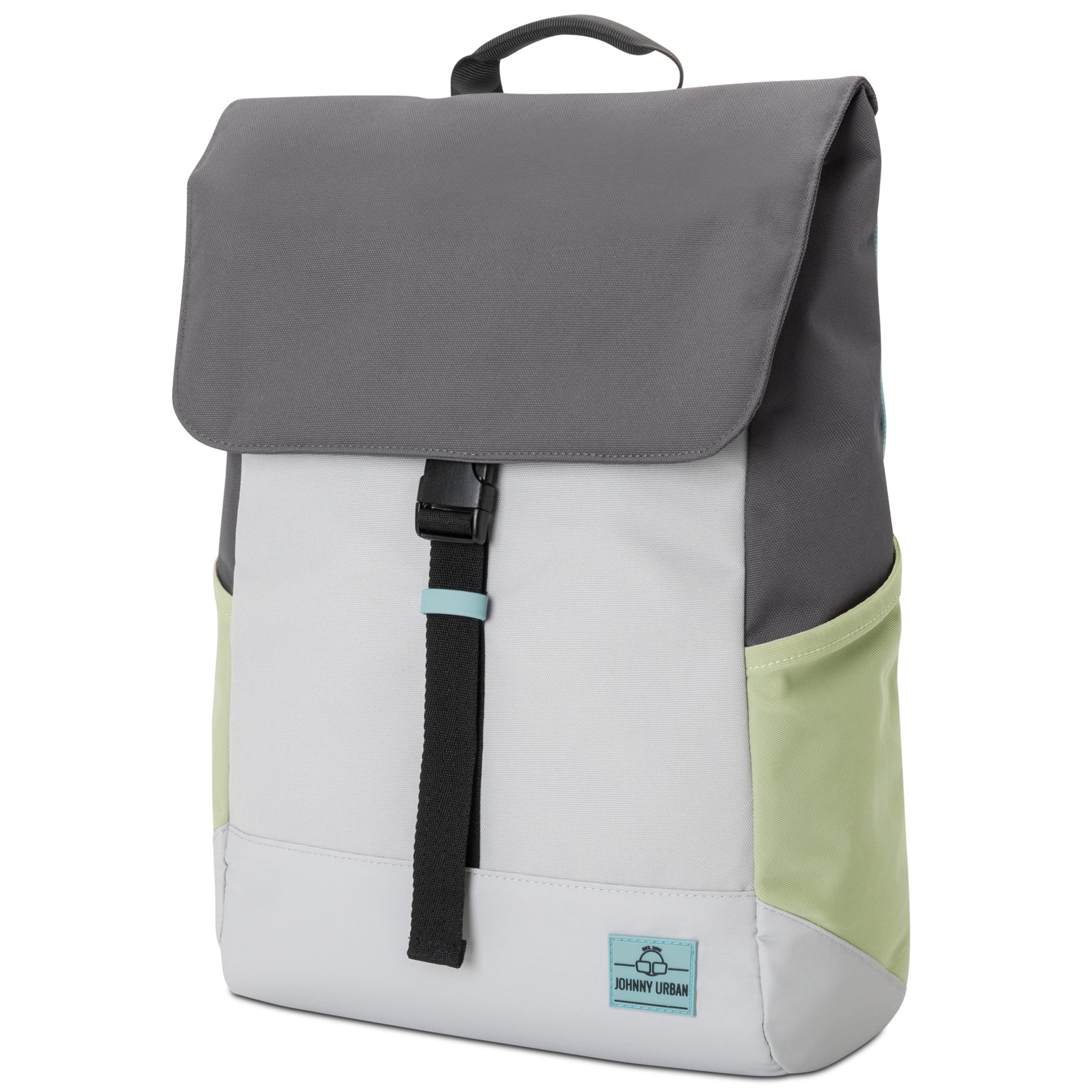 Rucksack 'Mika' von Johnny Urban in Grau mit grünlichen Seitentaschen und schwarzem Verschlussriemen