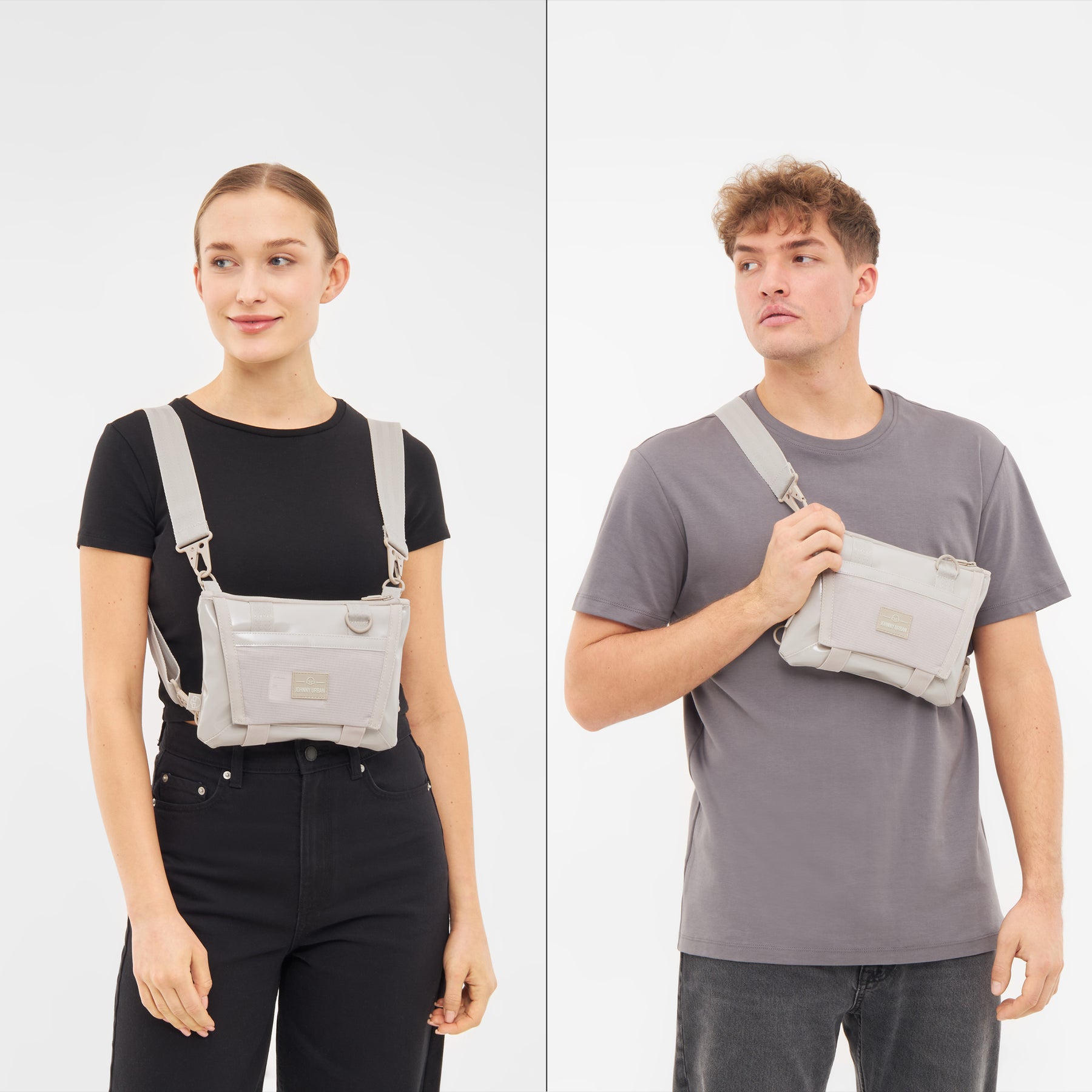 Beige Umhängetasche 'Avery' von Johnny Urban an Frau mit schwarzem T-Shirt und Mann mit grauem T-Shirt