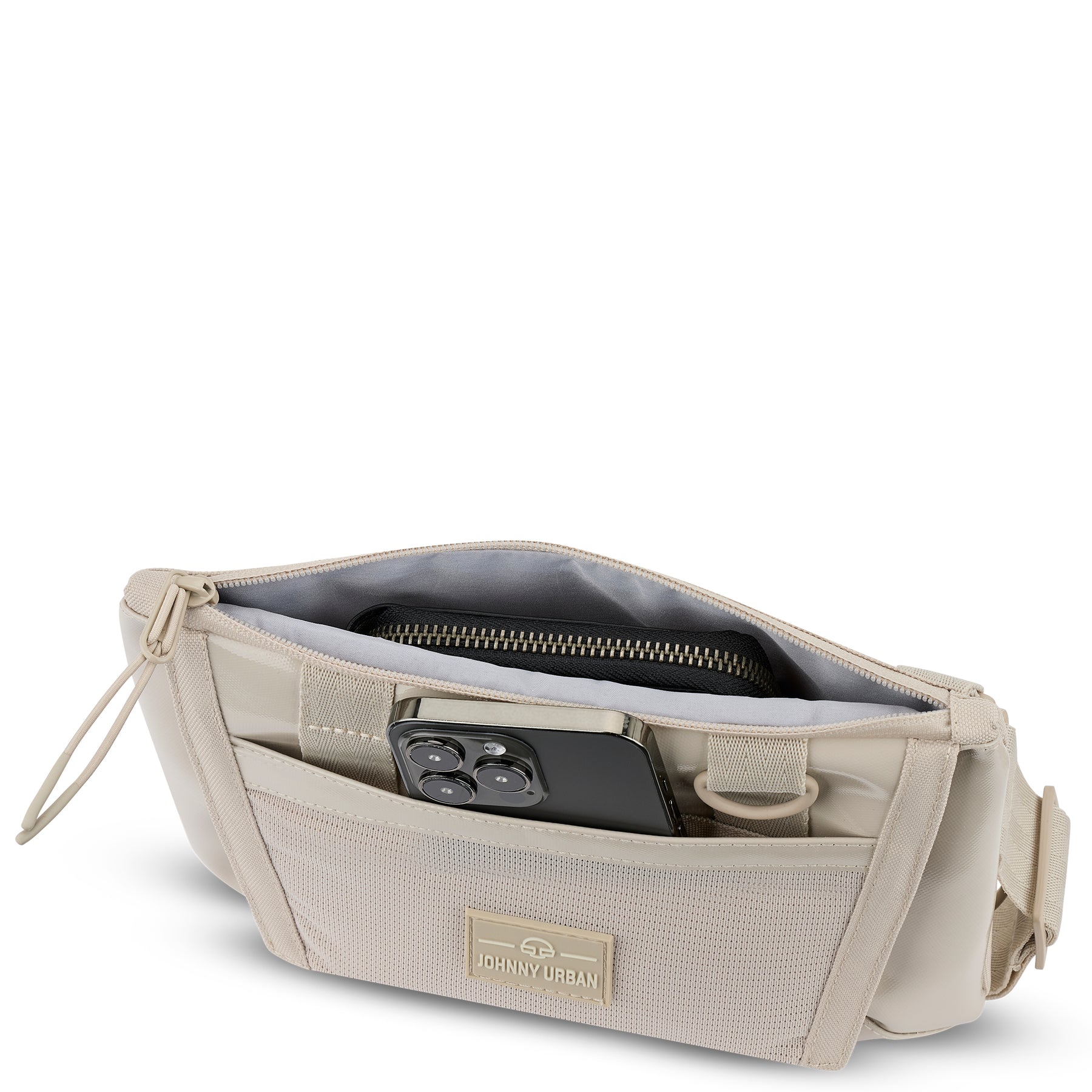 Beige Umhängetasche 'Avery' von Johnny Urban mit mehreren Fächern, Smartphone und Geldbörse sichtbar