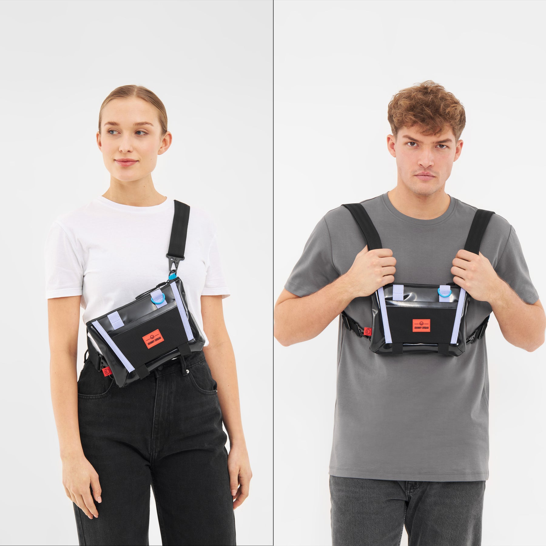 Moderne Umhängetasche 'Avery' schwarz mit reflektierenden Details, getragen von Frau und Mann