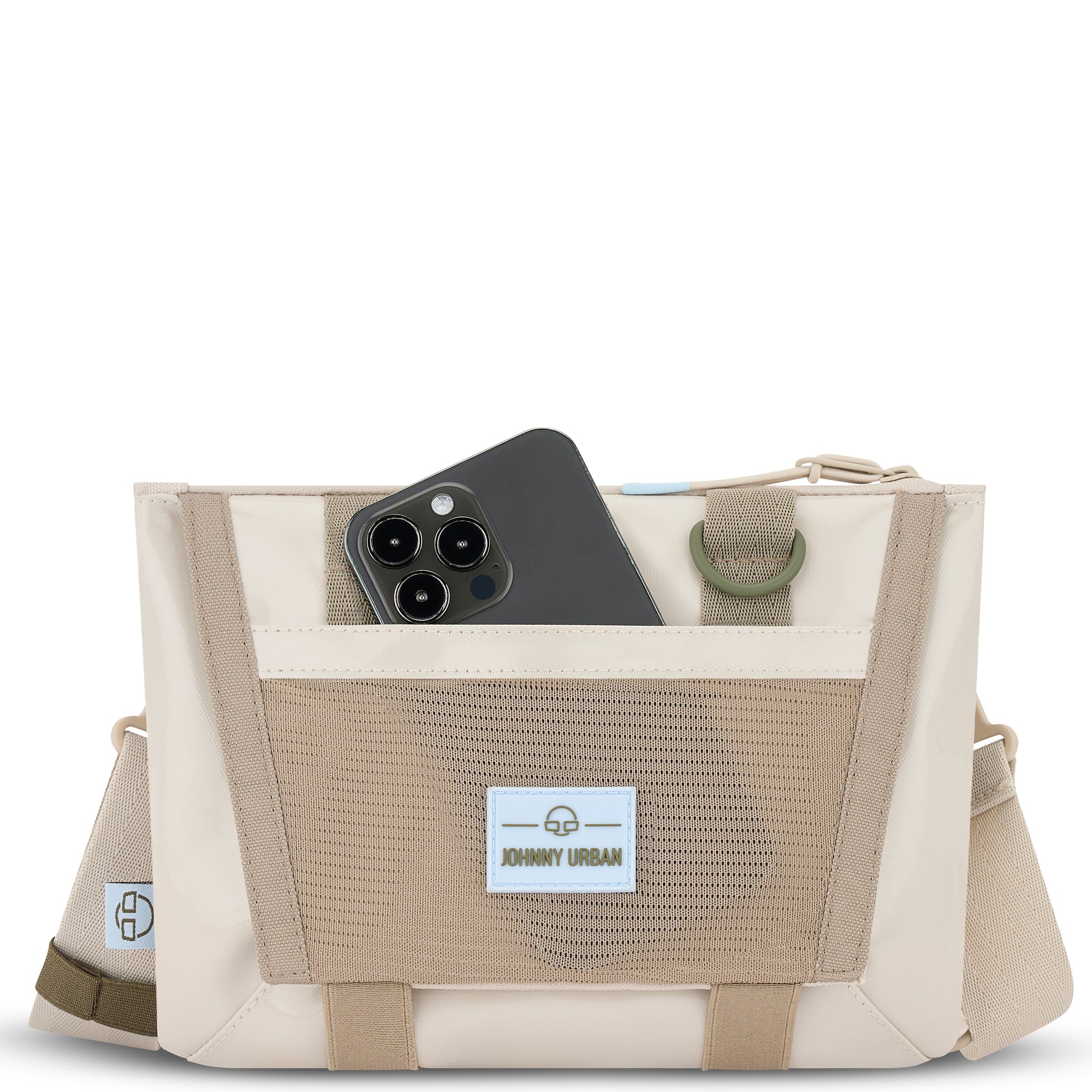 Beige Umhängetasche 'Avery' von Johnny Urban mit Netzvortasche und Smartphone darin