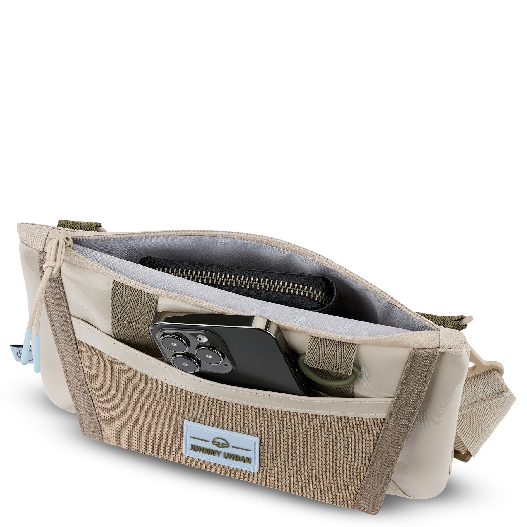 Umhängetasche Avery von Johnny Urban in Sandfarben mit offenem Hauptfach, sichtbares schwarzes Portemonnaie und Smartphone