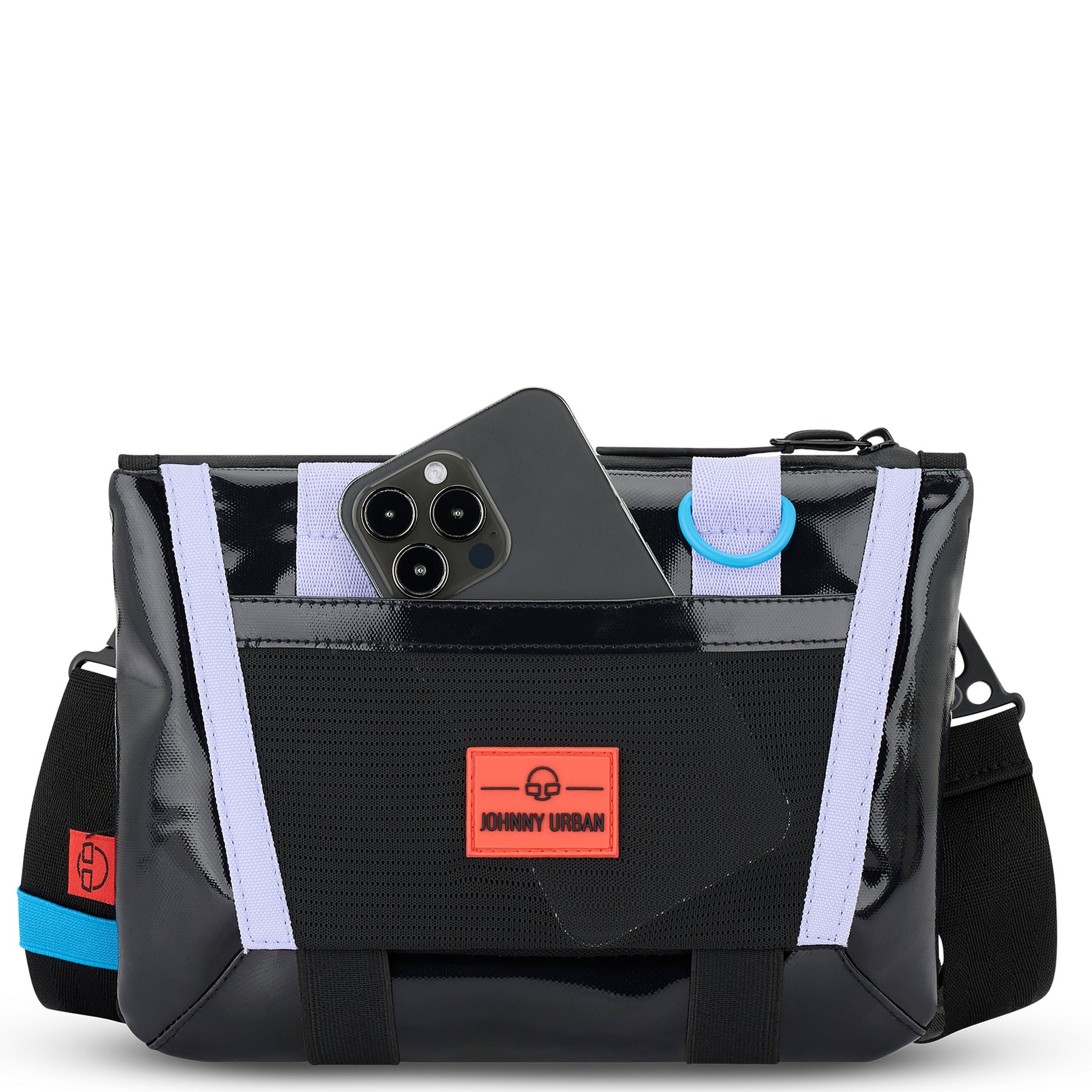 Schwarze Johnny Urban Umhängetasche 'Avery' mit fliederfarbenen Details und einem Smartphone in der Außentasche