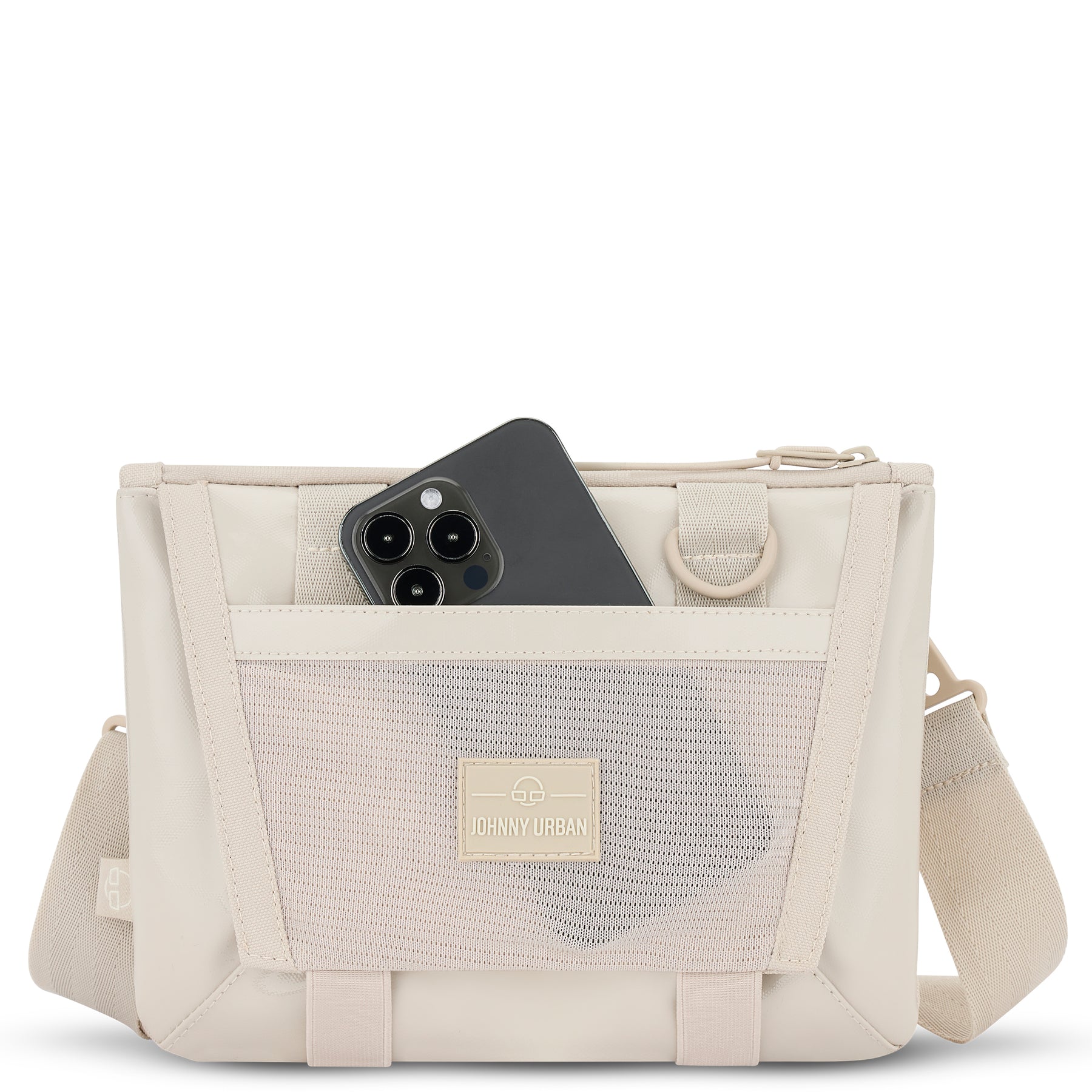 Beige Umhängetasche 'Avery' von Johnny Urban mit Netzaußentasche und schwarzem Smartphone