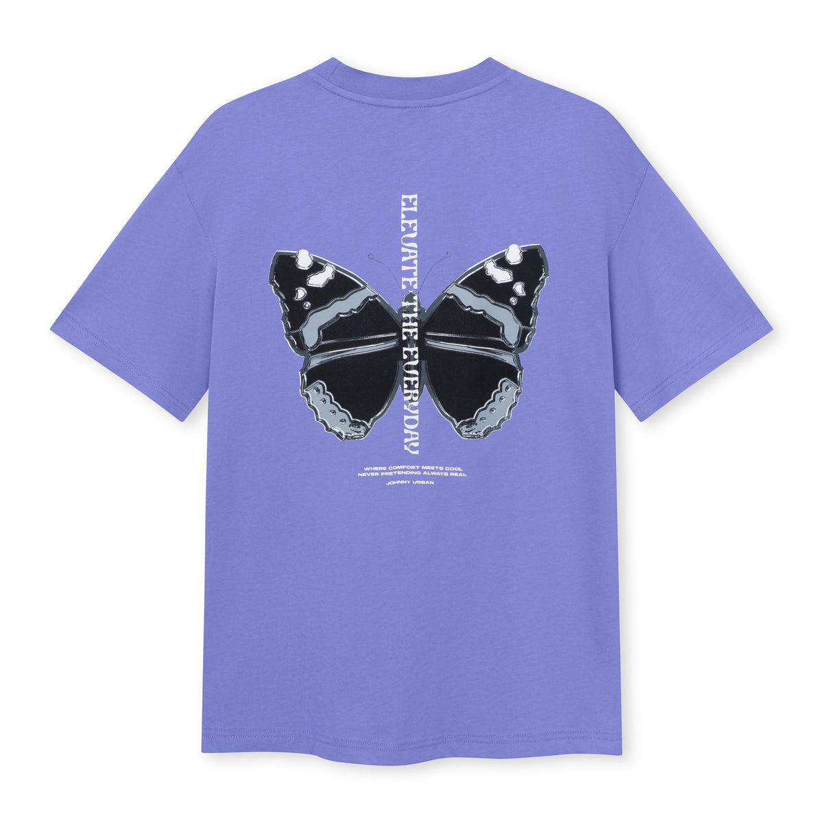 Lila T-Shirt 'Sammy Chrome Butterfly' mit großem schwarzem Schmetterlingsmotiv und vertikaler weißer Schrift auf der Rückseite