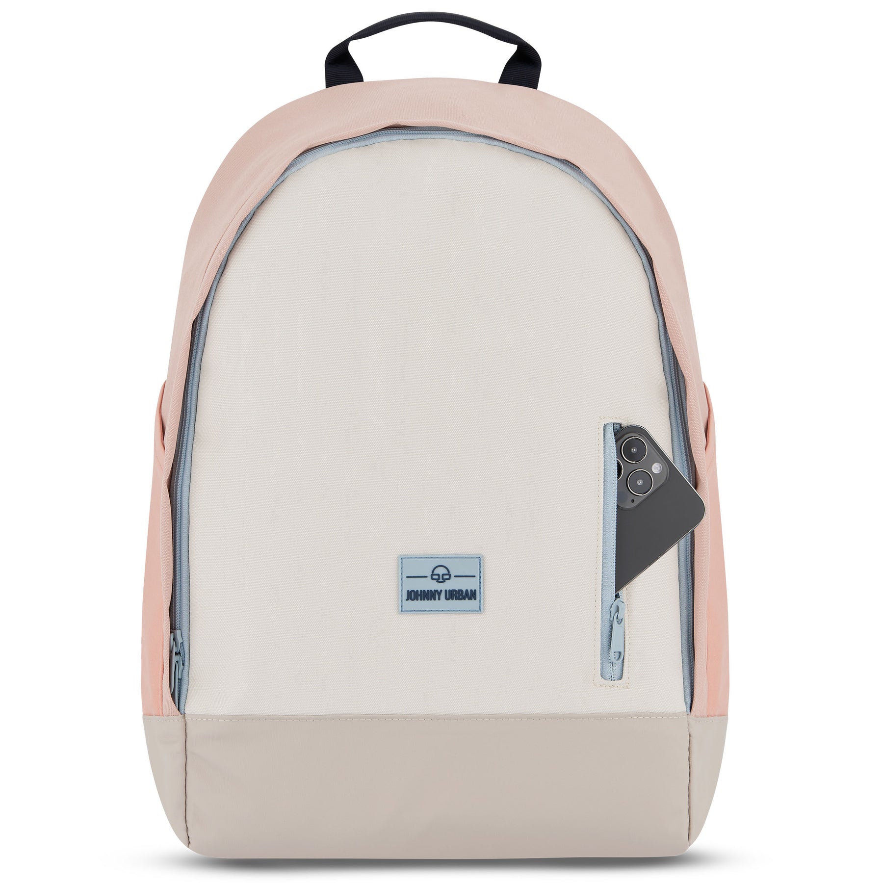 Beiger und rosa Schulrucksack 'Neo' von Johnny Urban mit seitlicher Reißverschlusstasche und Smartphone