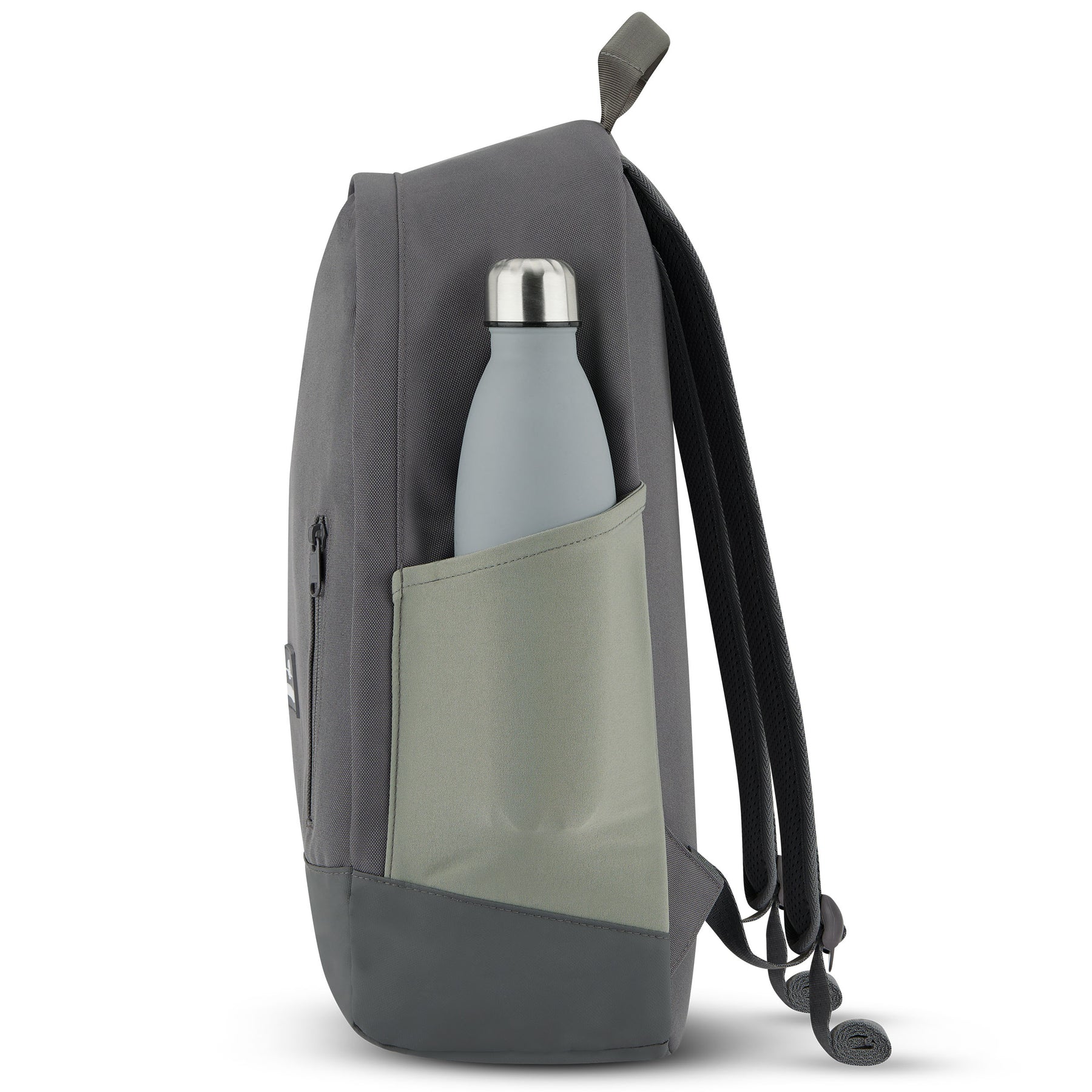 Rucksack 'Neo' in Grau mit Seitenfach, das eine graue Trinkflasche hält