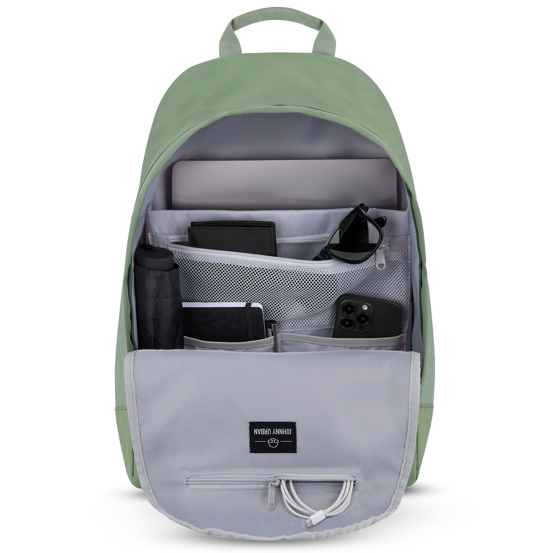 Geöffneter sage-grüner Rucksack 'Neo' mit Laptop, Sonnenbrille, Smartphone, Notizbuch, Geldbörse und Wasserflasche
