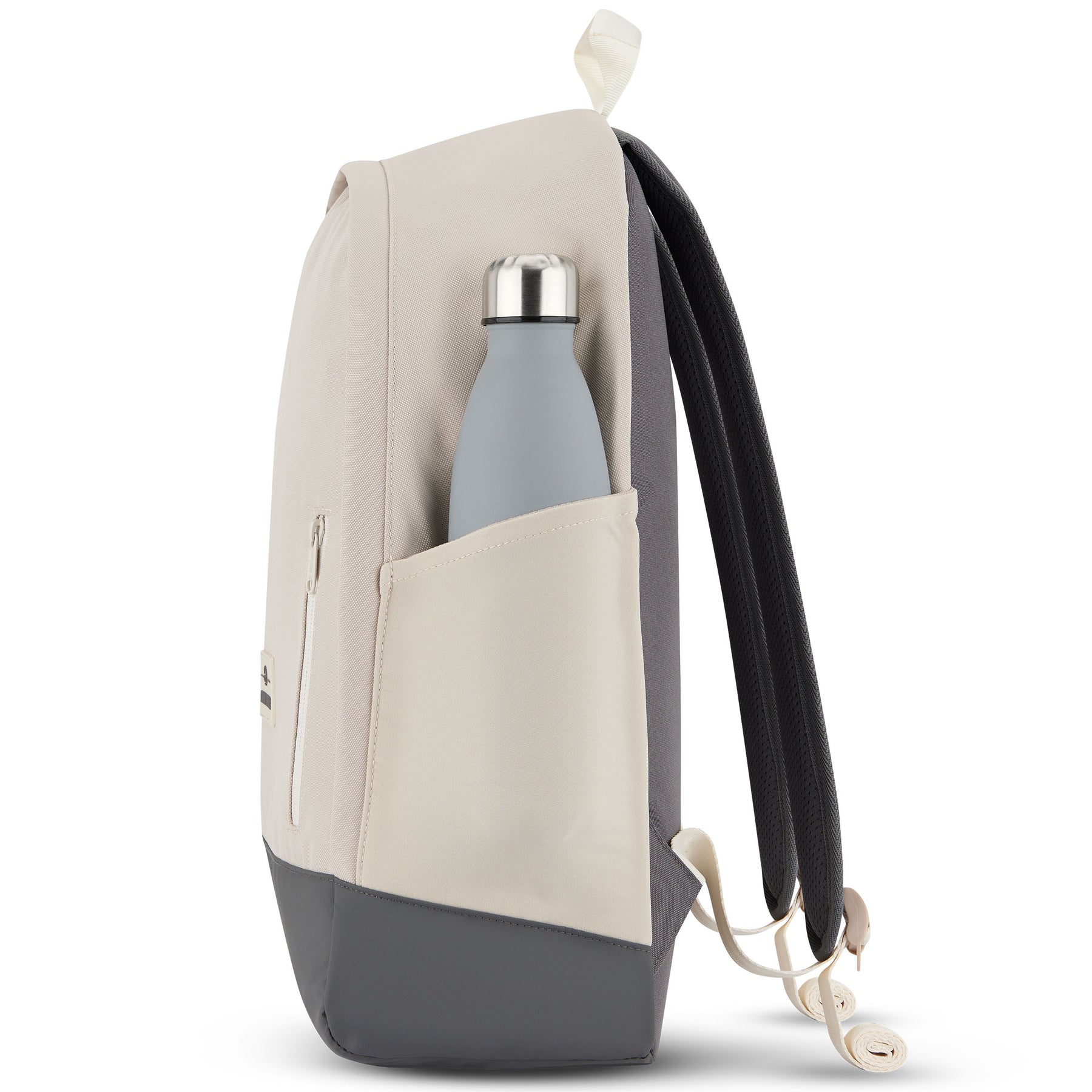 Beiger und grauer Schulrucksack 'Neo' mit seitlicher Tasche und grauer Trinkflasche