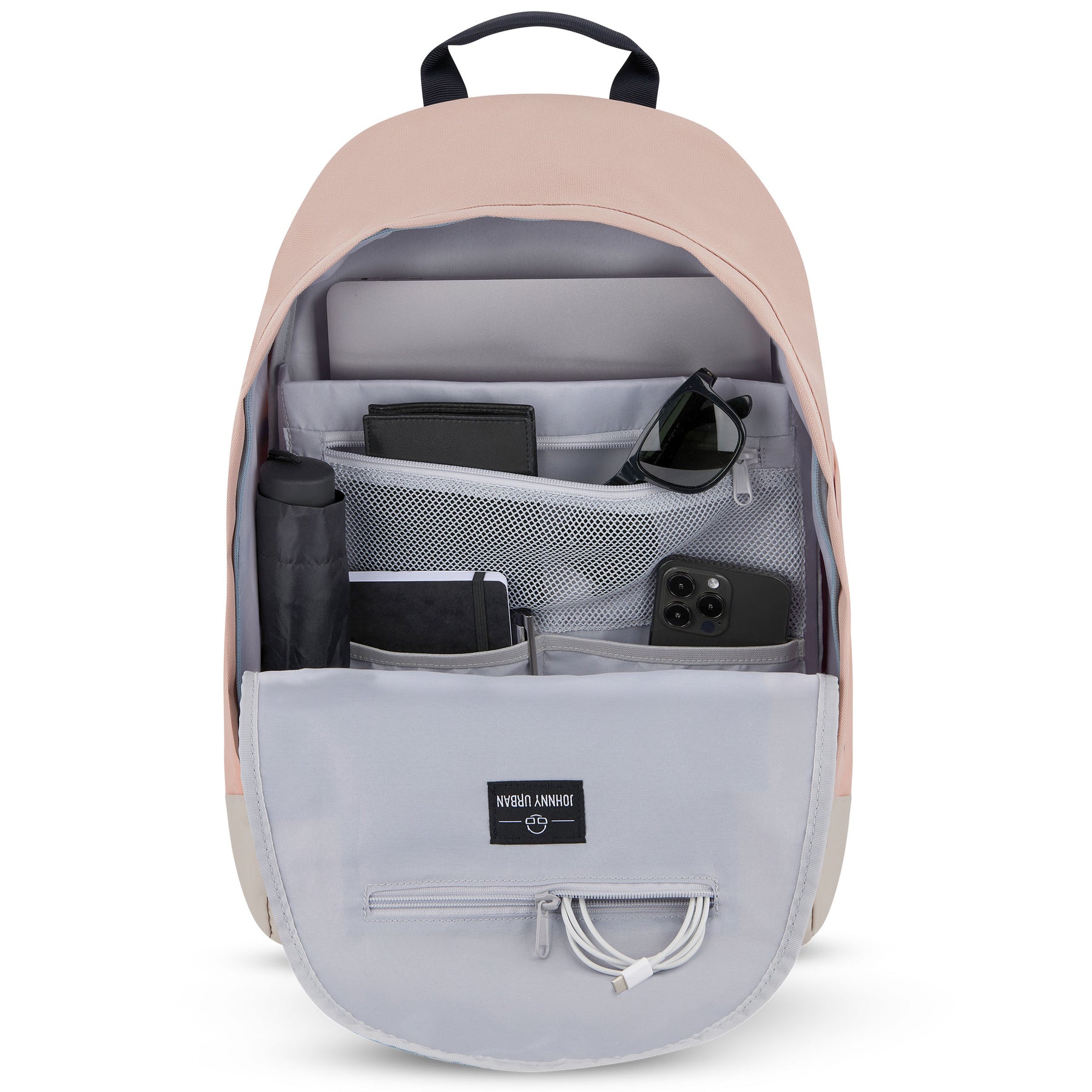 Rucksack 'Neo' von Johnny Urban in Beige und Rosa mit geöffnetem Hauptfach und organisiertem Innenraum