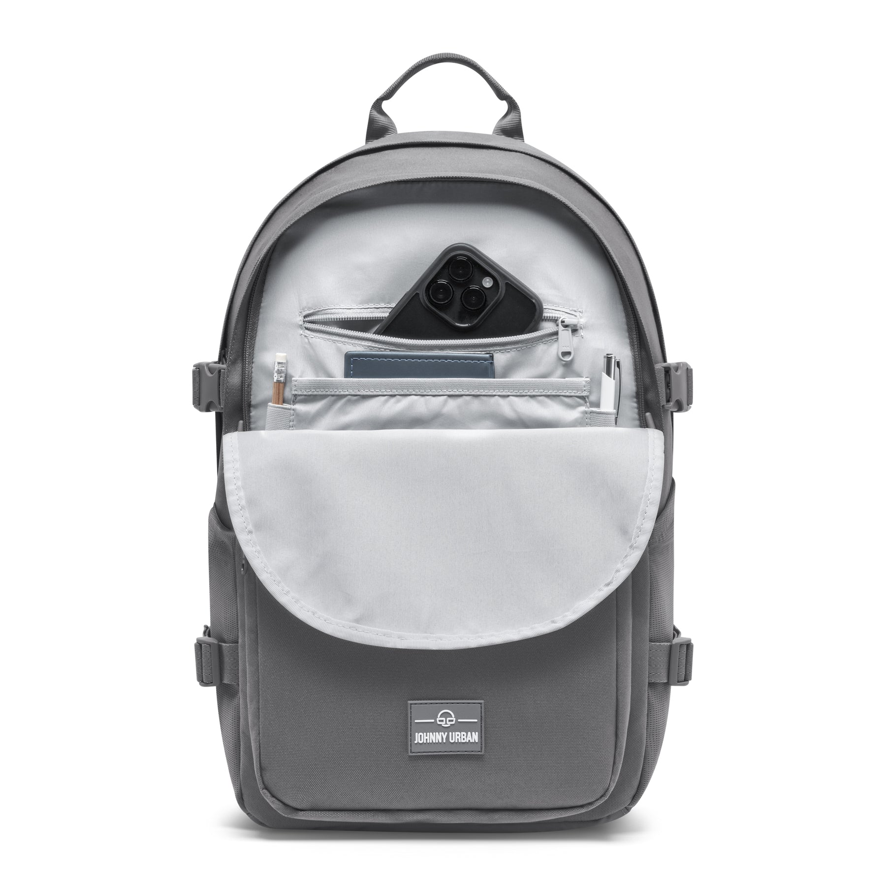 Ergonomischer Johnny Urban Rucksack 'Lian' in Dunkelgrau mit geöffneter Vordertasche und Smartphone, Stift und Notizbuch darin