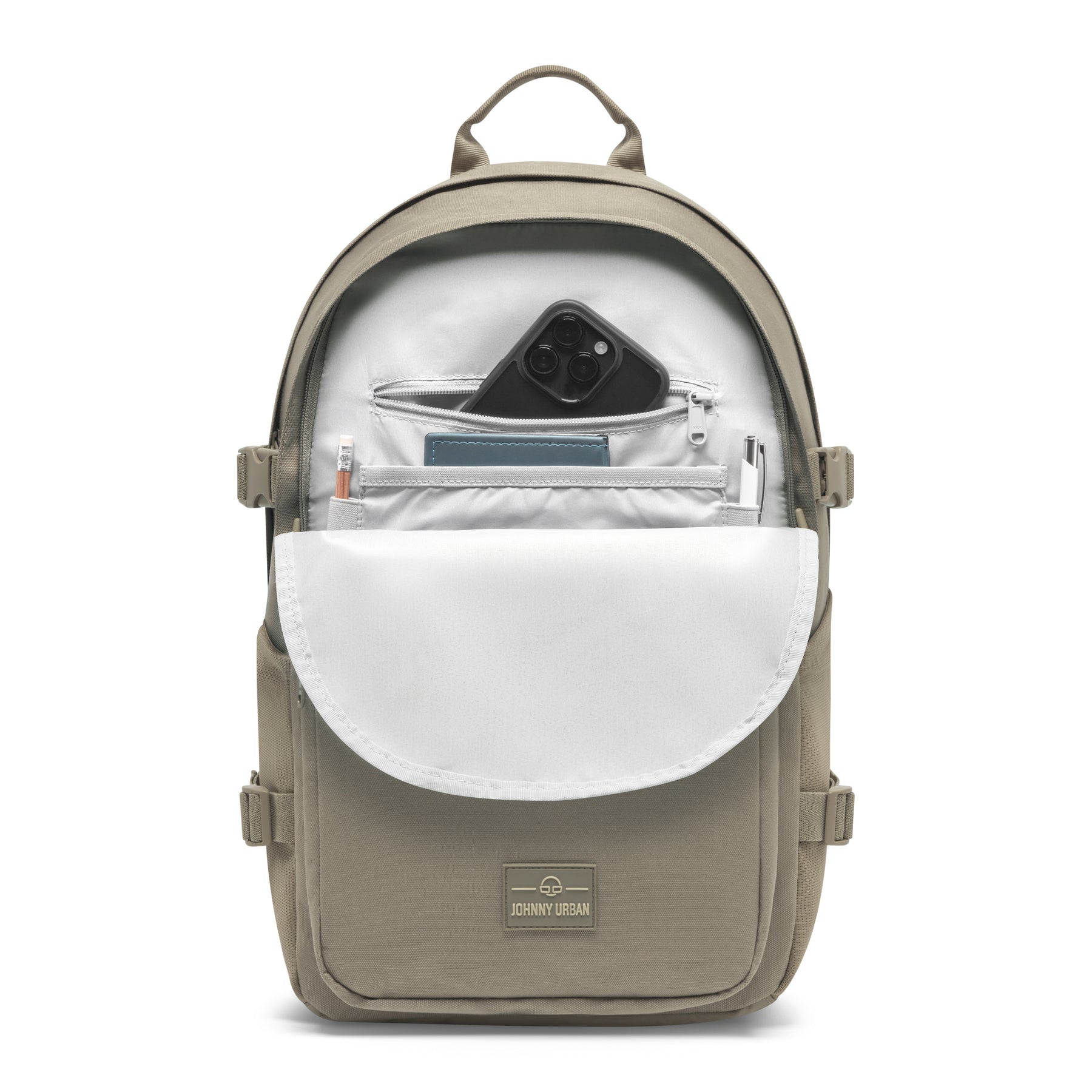 Desert-grauer ergonomischer Schulrucksack 'Lian' von Johnny Urban mit geöffnetem Hauptfach und organisierter Innentasche mit Handy und Stiften