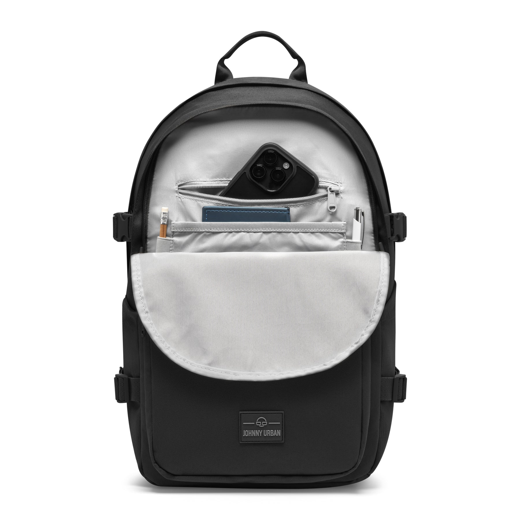 Schwarzer Johnny Urban Rucksack 'Lian' mit offenem Frontfach und Stift, Handy und Notizbuch darin