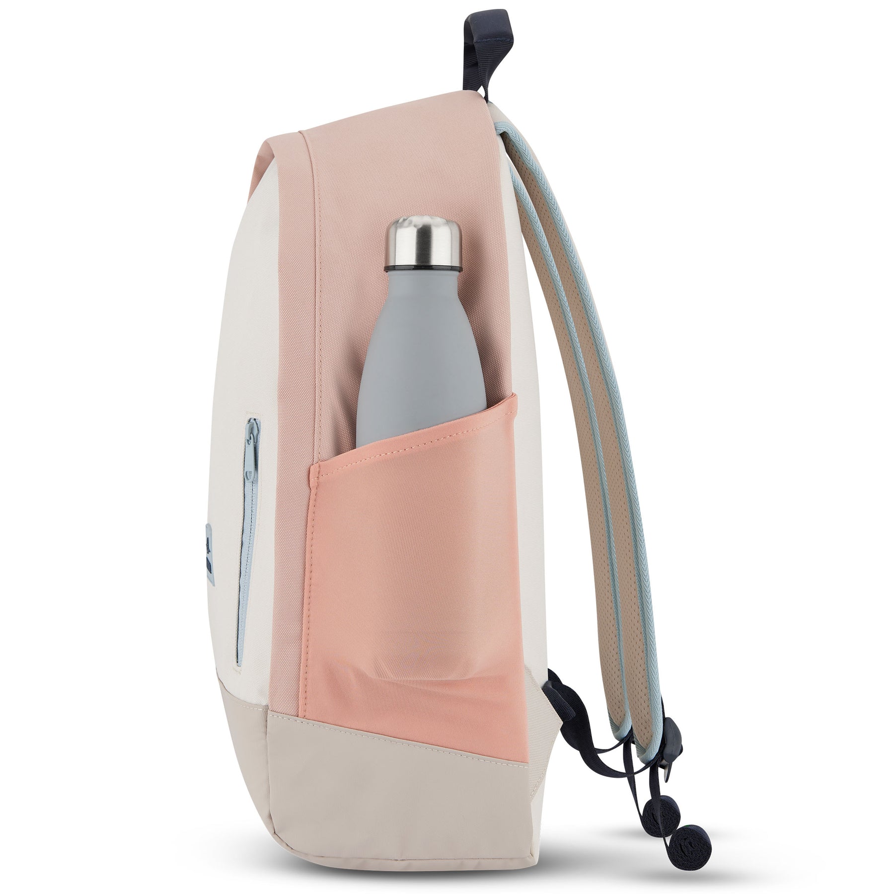 Moderner Schulrucksack 'Neo' in Beige und Rosa mit seitlicher Tasche und grauer Trinkflasche