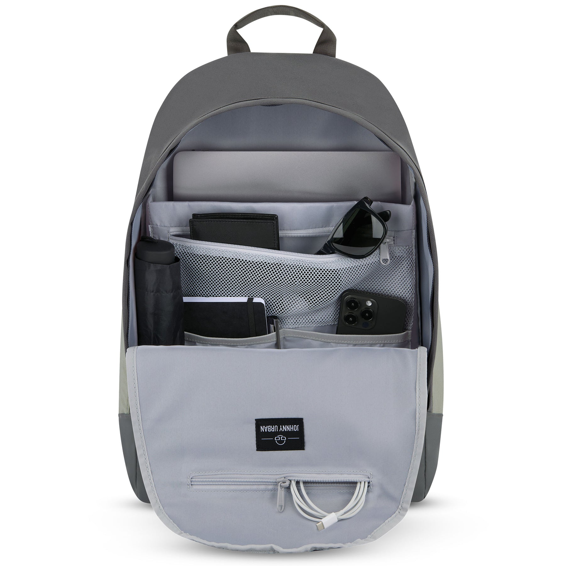 Grauer Johnny Urban Schulrucksack Neo mit vielen Fächern, gefüllt mit Laptop, Geldbörse, Sonnenbrille, Tasche, Smartphone und Kabel