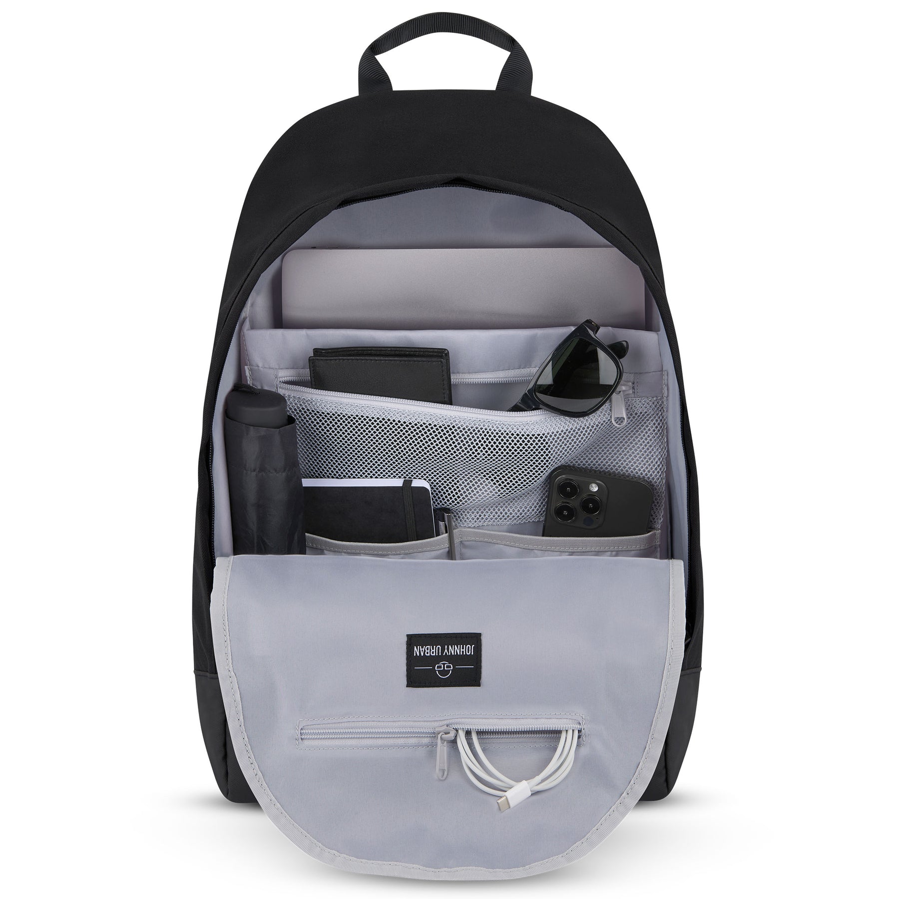 Schwarzer Johnny Urban Rucksack 'Neo' mit vielen Fächern, offen, mit Laptop, Wasserflasche, Sonnenbrille, Smartphone und Zubehör