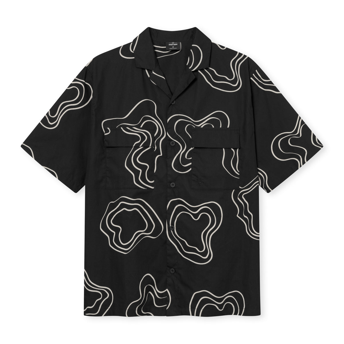 Schwarzes Hemd 'Spencer' mit weißen, organischen Linienmustern und kurzen Ärmeln