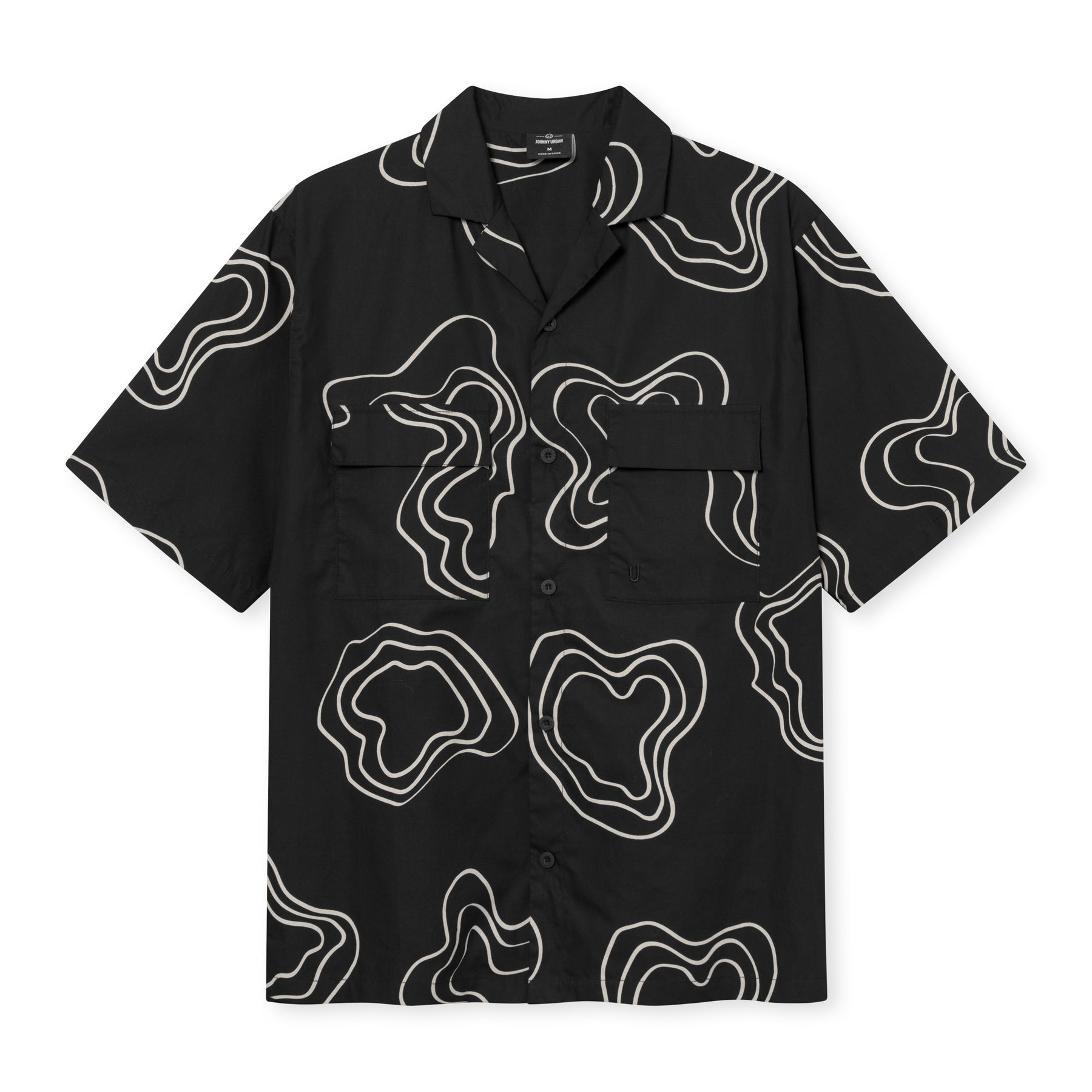 Schwarzes Hemd 'Spencer' mit weißen, organischen Linienmustern und kurzen Ärmeln