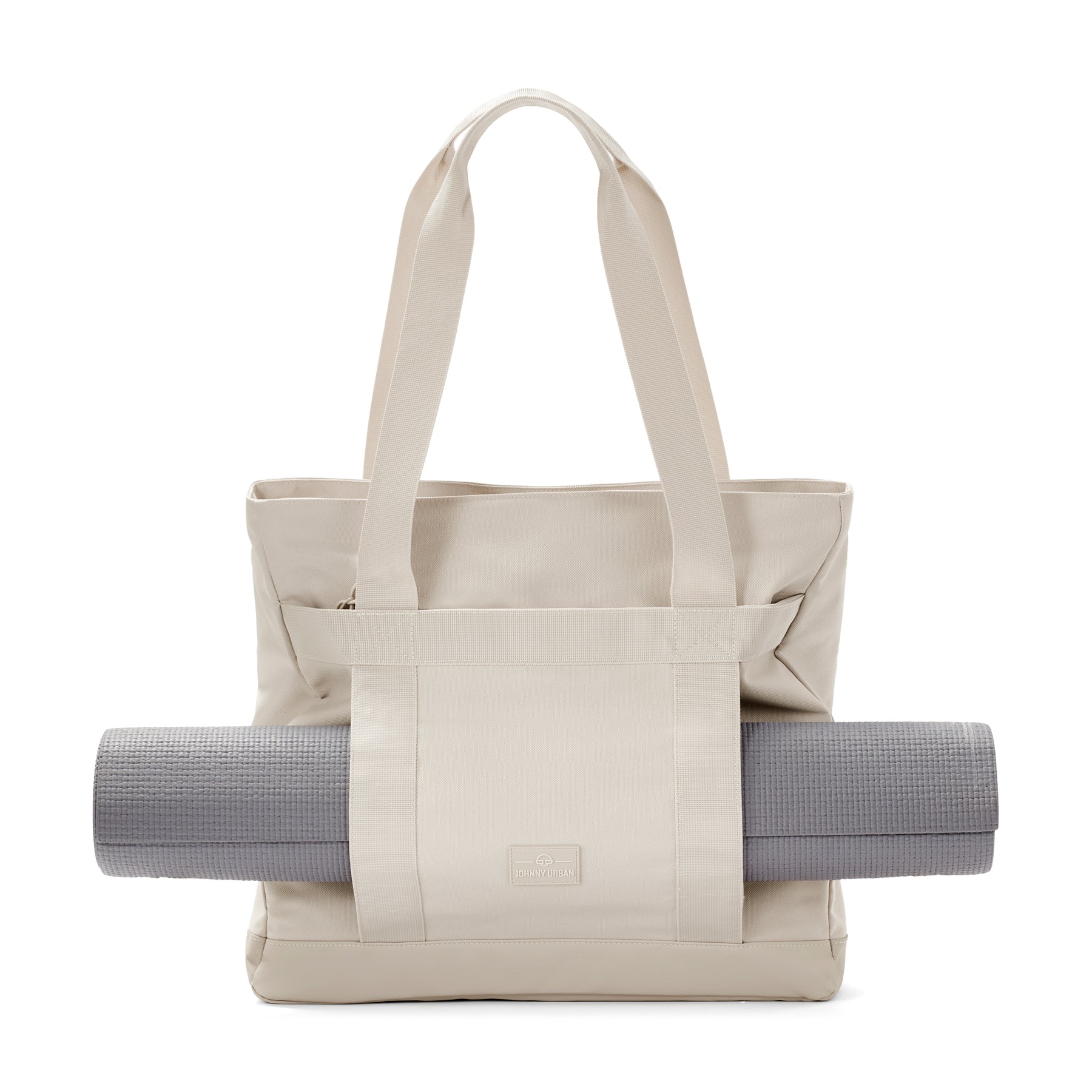Sandfarbener Shopper 'Kim' von Johnny Urban mit außen befestigter grauer Yogamatte aus Textil