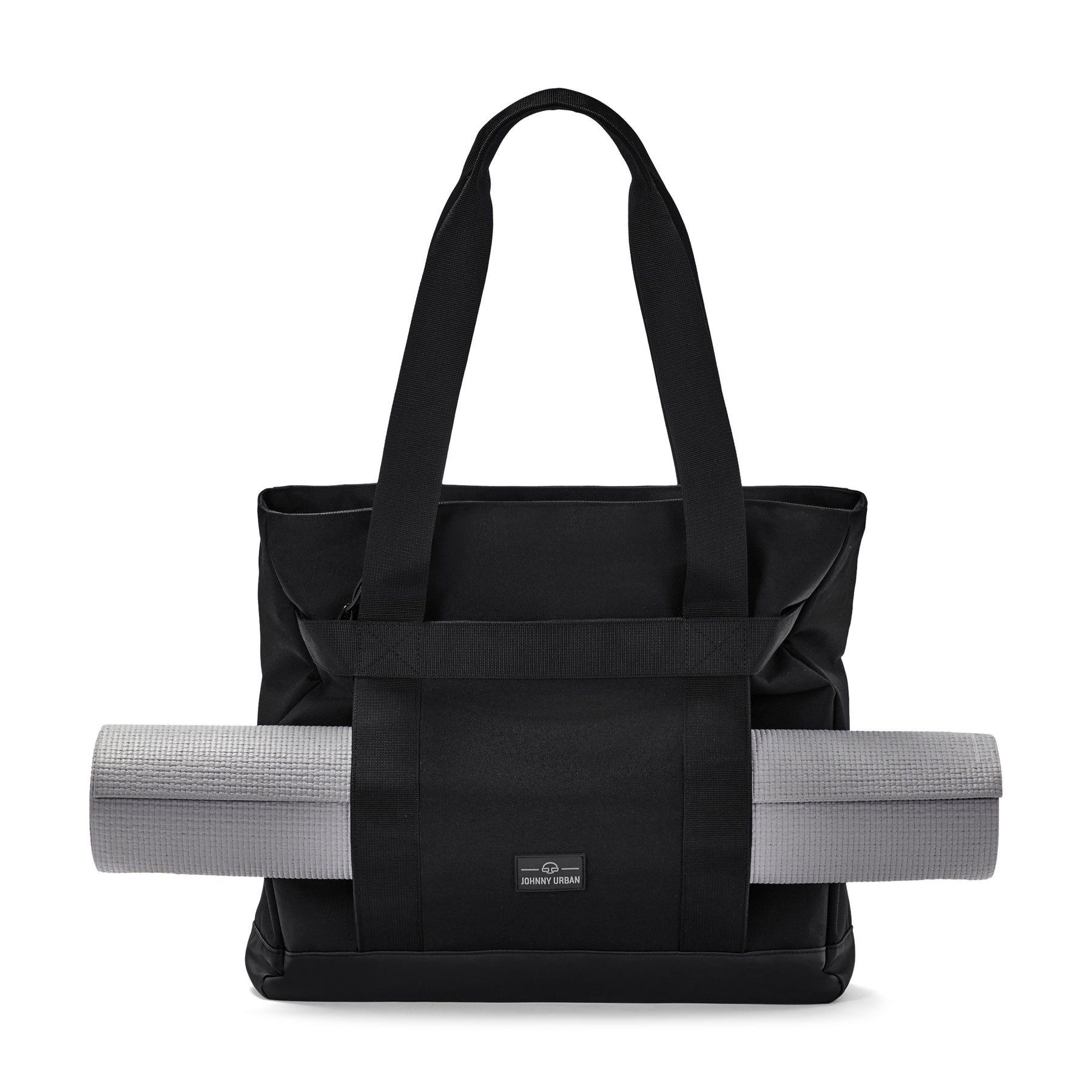 Schwarze Shopper-Tasche Kim von Johnny Urban mit dwóch langen Griffen und einer grauen Stoffrolle an der Außenseite