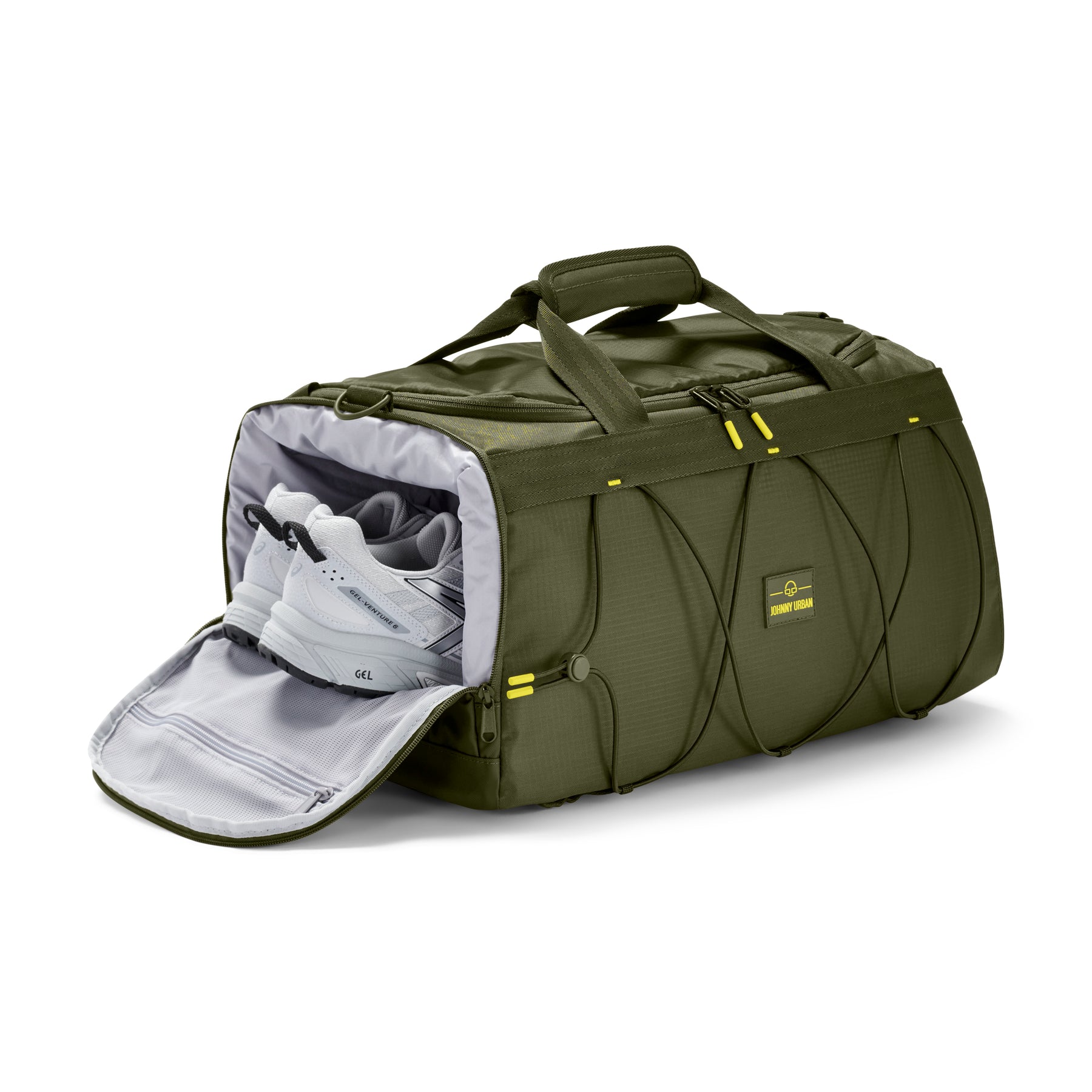 Johnny Urban Duffle Bag 'Shawn Medium' in Oliv mit seitlichem Schuhfach und weißen Sportschuhen