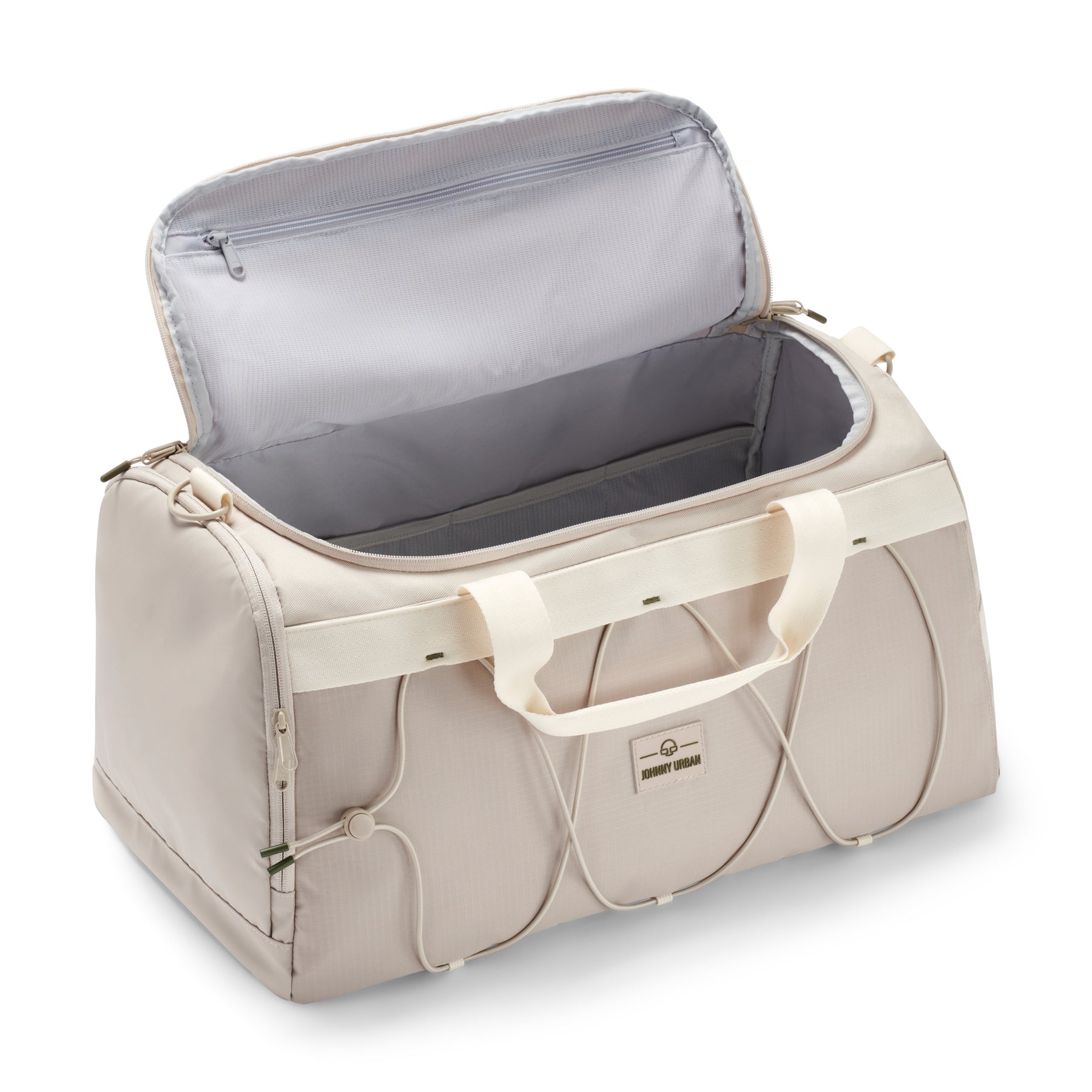 Johnny Urban Duffle Bag 'Shawn Medium' in Sandfarbe mit offenem Hauptfach und Reißverschlusstasche innen