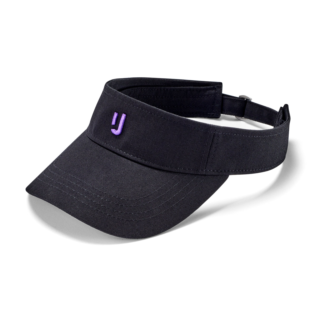 Schwarzer Sun Visor 'Terry' mit lila gesticktem 'IJ'-Logo und verstellbarem Riemen