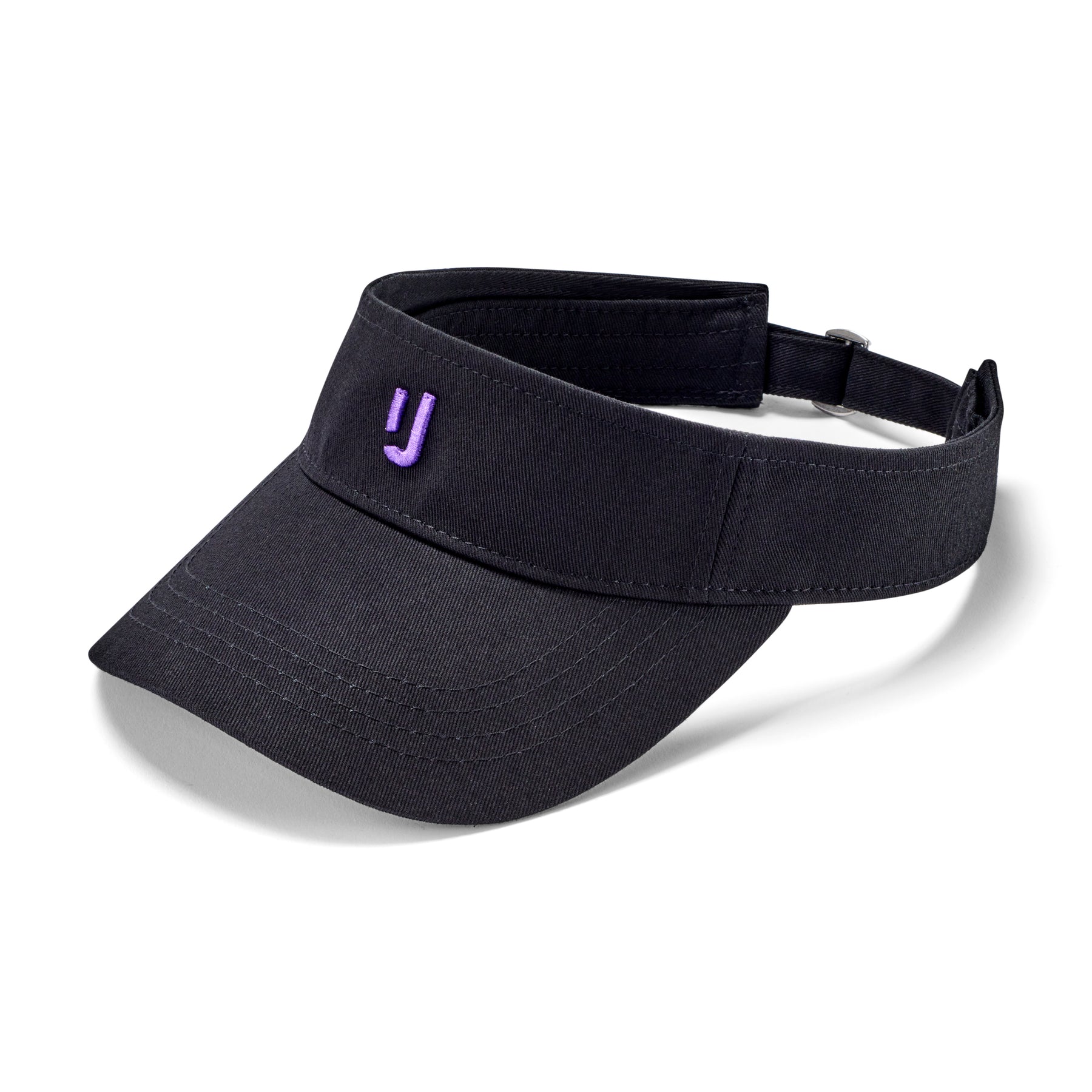 Schwarzer Sun Visor 'Terry' mit lila gesticktem 'IJ'-Logo und verstellbarem Riemen