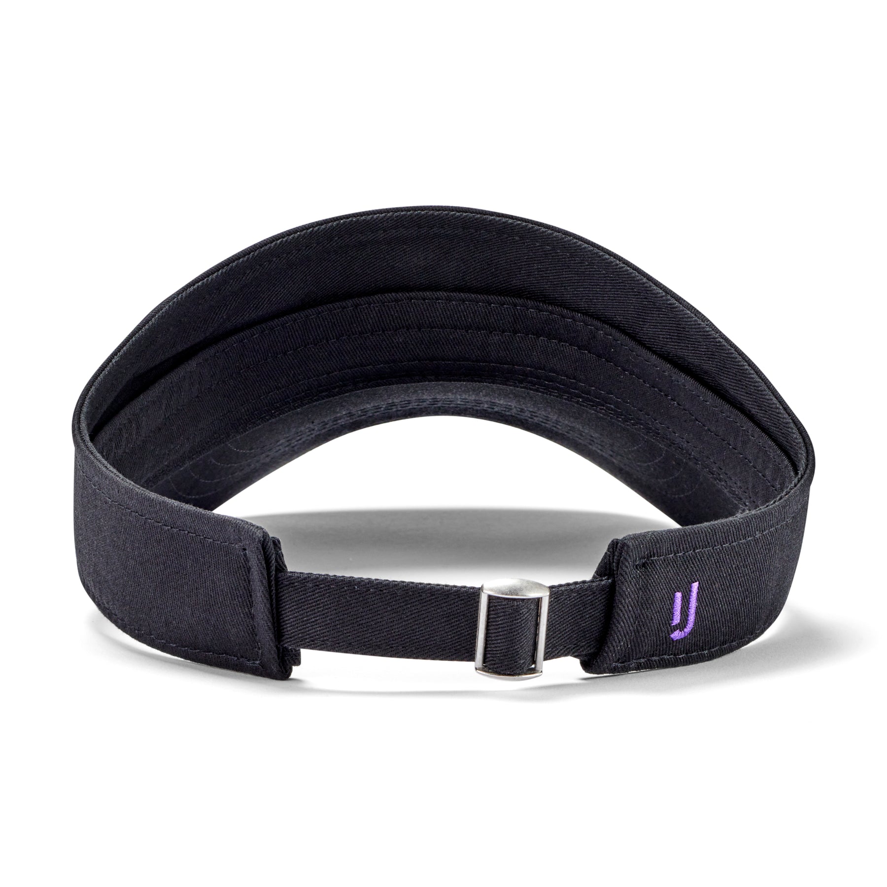 Schwarzer, größenverstellbarer Sonnenvisor 'Terry' mit violettem Logo-Stick auf der Rückseite