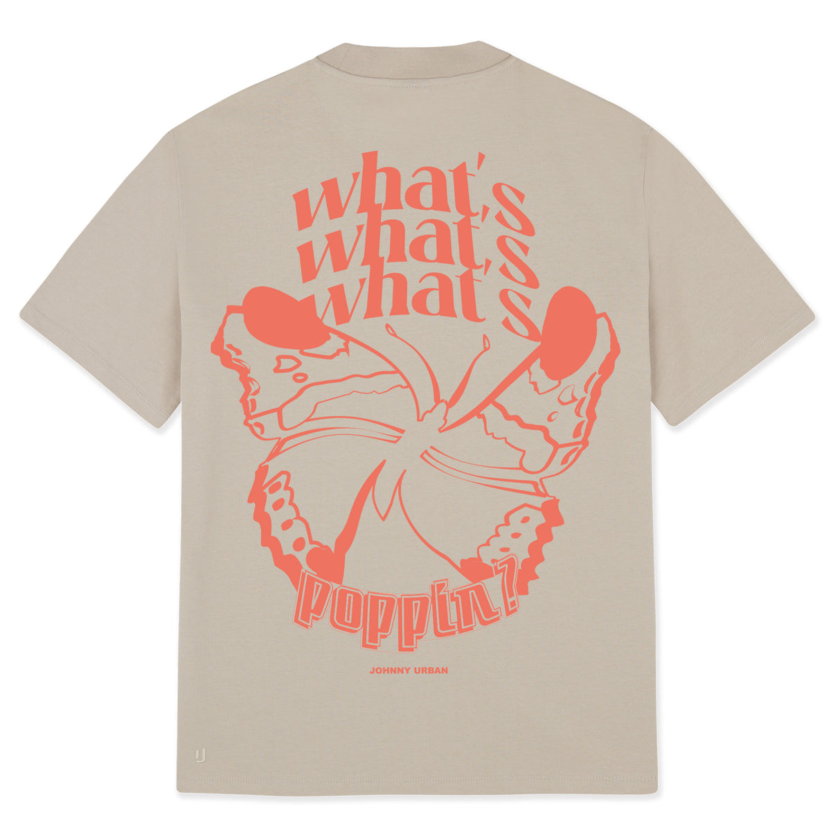 Beiges T-Shirt 'Sammy Butterfly' mit großem orangefarbenem Schmetterlingsdruck und Text 'what's poppin?' auf dem Rücken