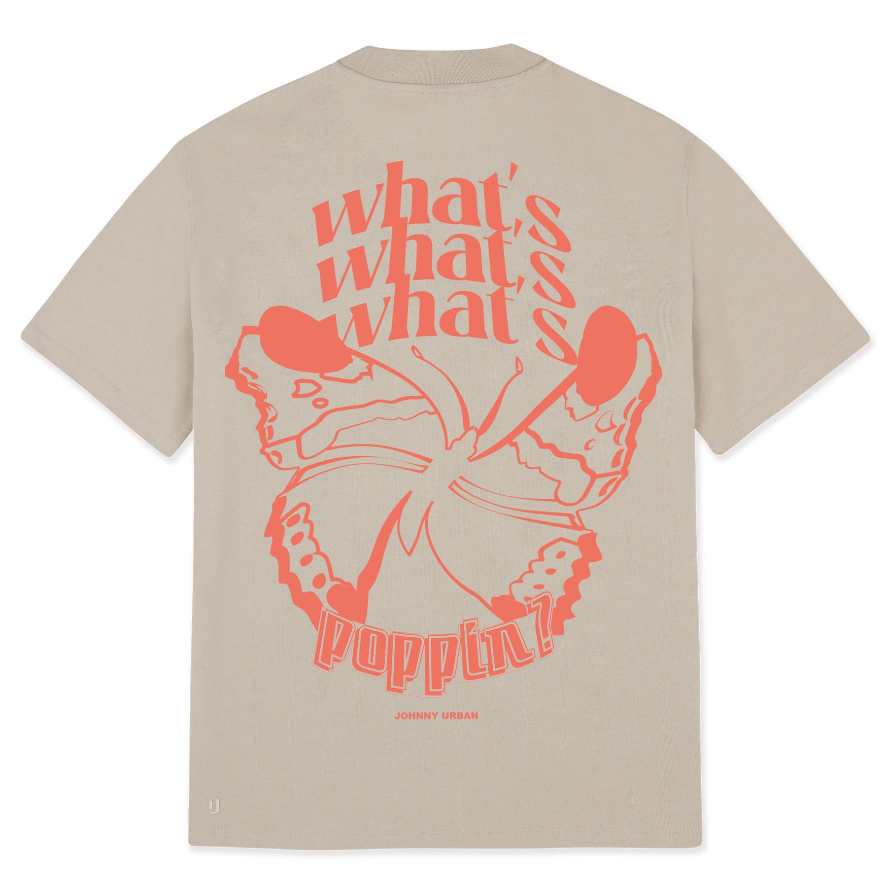 Beiges T-Shirt 'Sammy Butterfly' mit großem orangefarbenem Schmetterlingsdruck und Text 'what's poppin?' auf dem Rücken