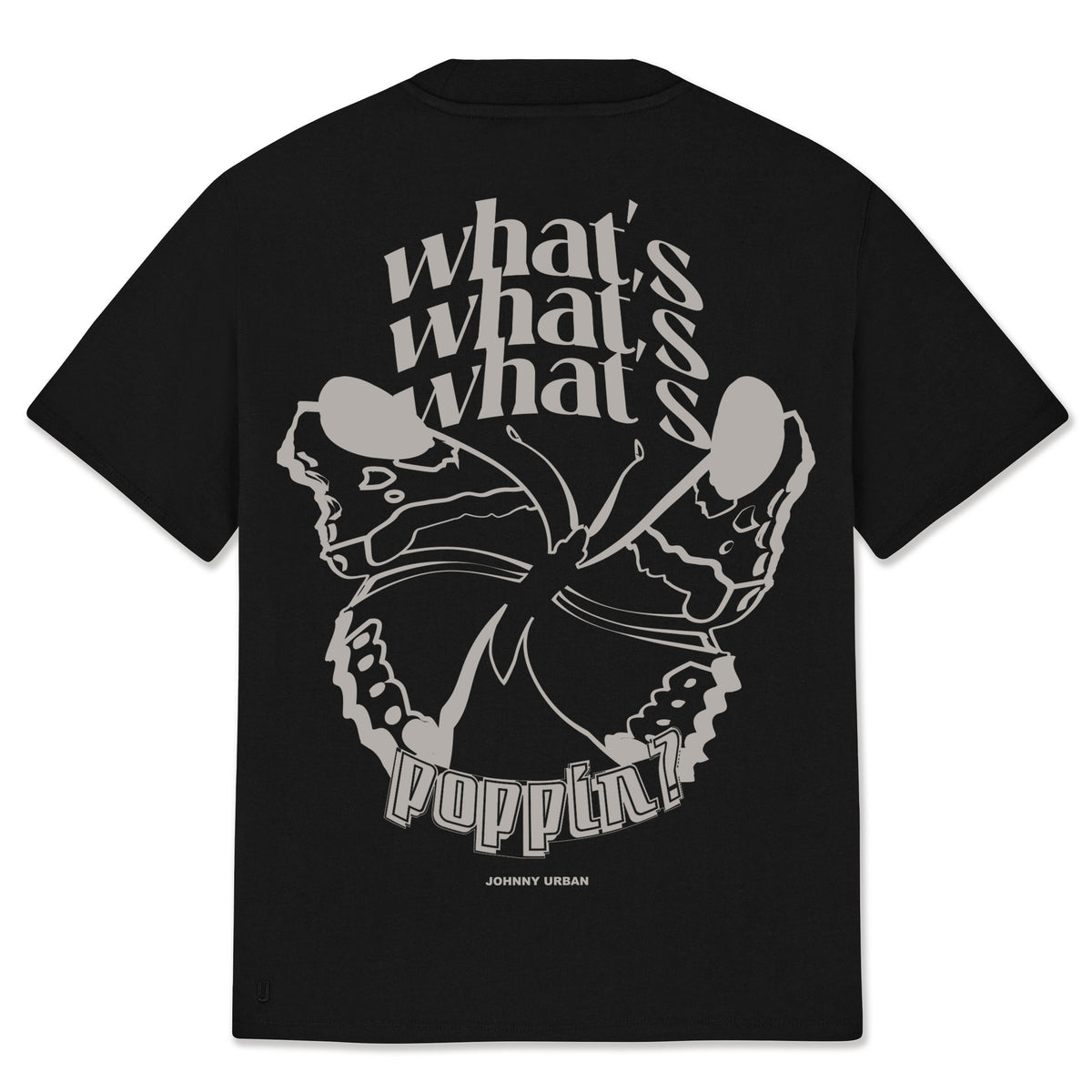 Schwarzes T-Shirt Johnny Urban mit großem grauem Schmetterlingsdruck und Text 'what's poppin?' auf der Rückseite