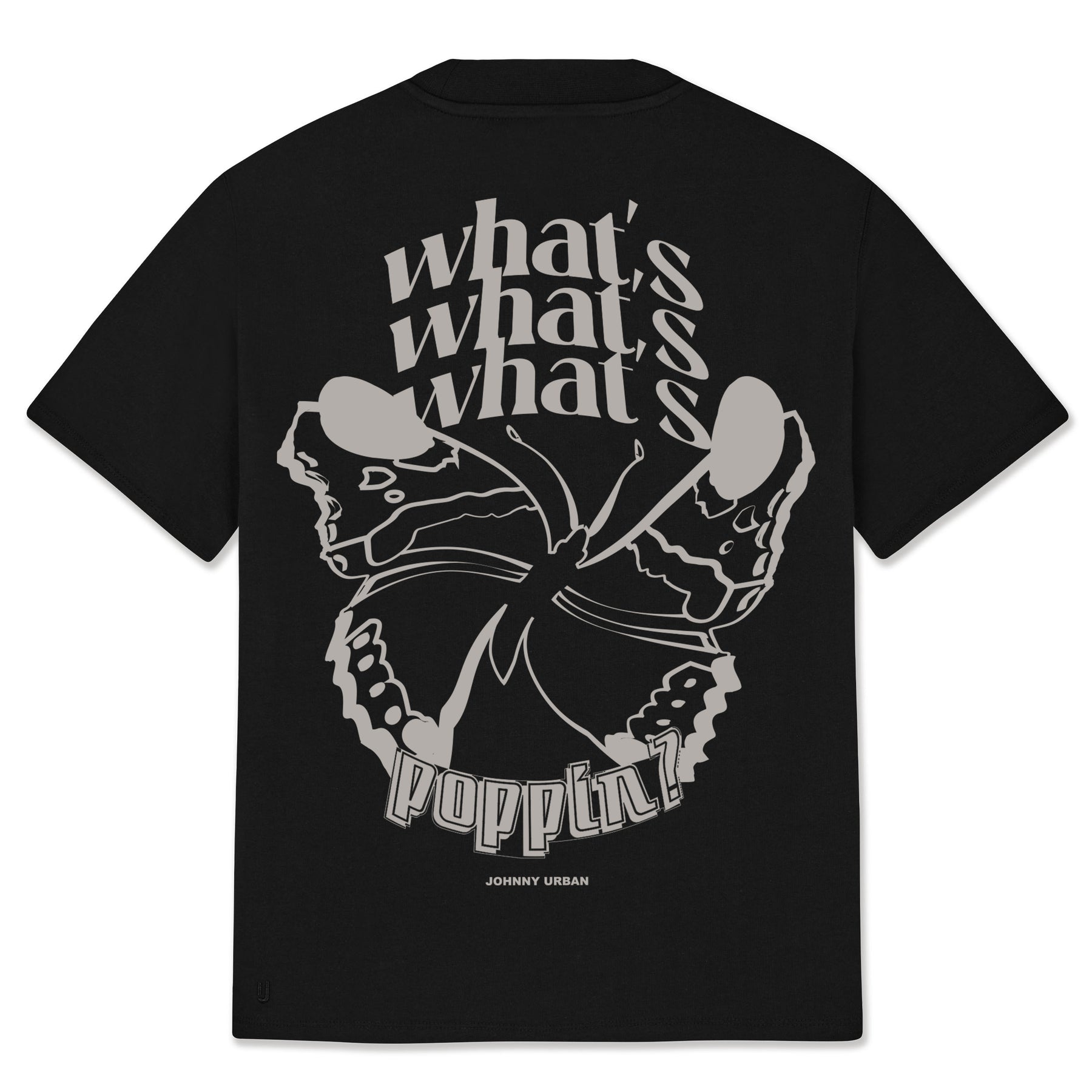 Schwarzes T-Shirt Johnny Urban mit großem grauem Schmetterlingsdruck und Text 'what's poppin?' auf der Rückseite