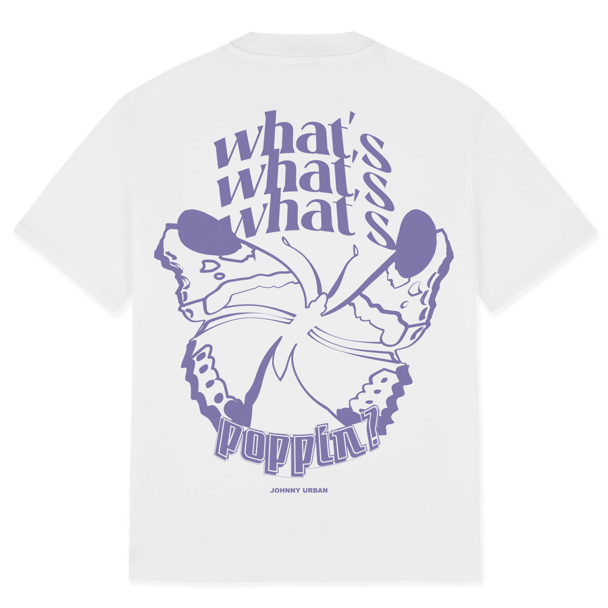 Weißes T-Shirt 'Sammy Butterfly' mit großem lila Schmetterlingsprint und Text 'what's what's what's poppin?'