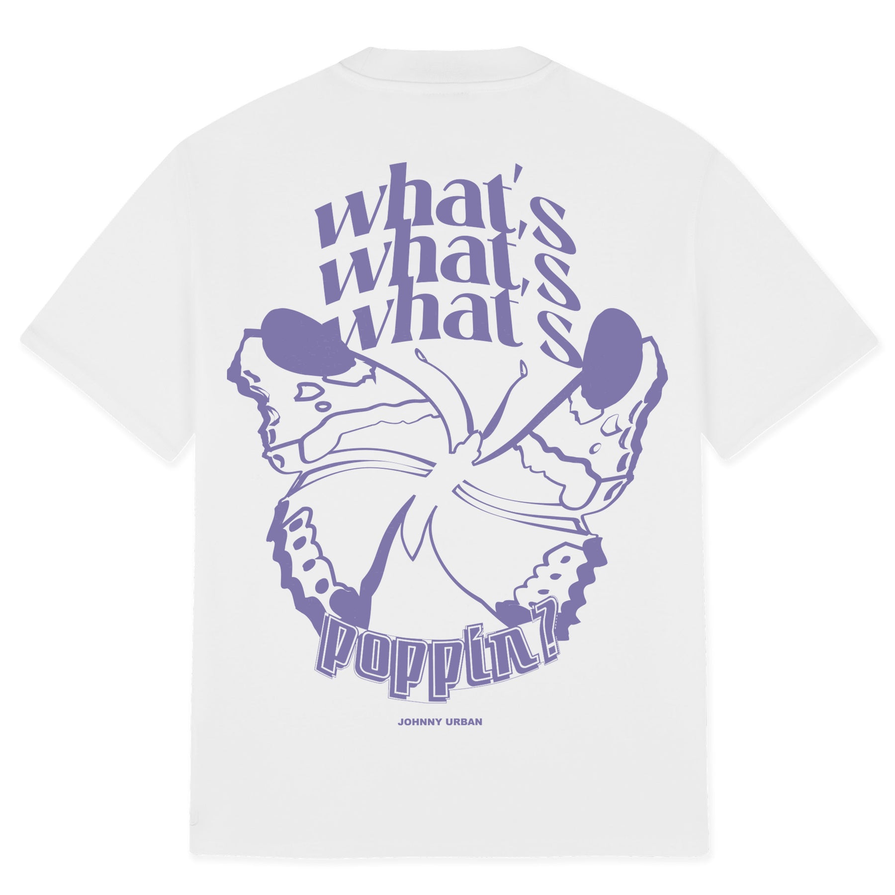 Weißes T-Shirt 'Sammy Butterfly' mit großem lila Schmetterlingsprint und Text 'what's what's what's poppin?'