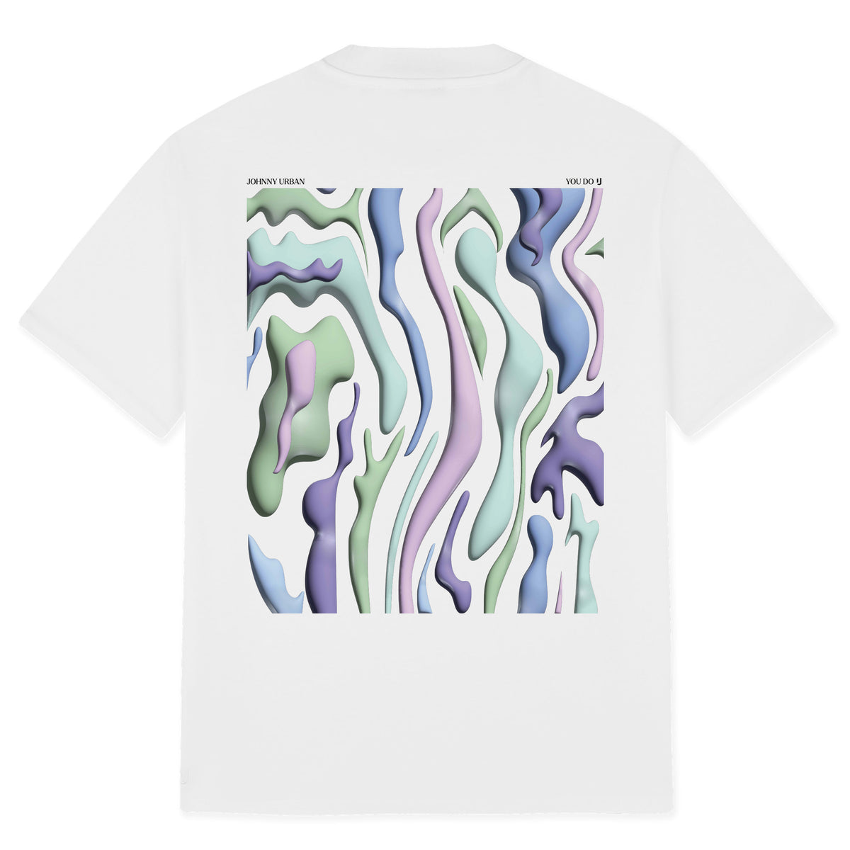 Weißes Oversize-T-Shirt Sammy Lava mit abstraktem, pastellfarbenem Backprint in Grün, Blau, Lila