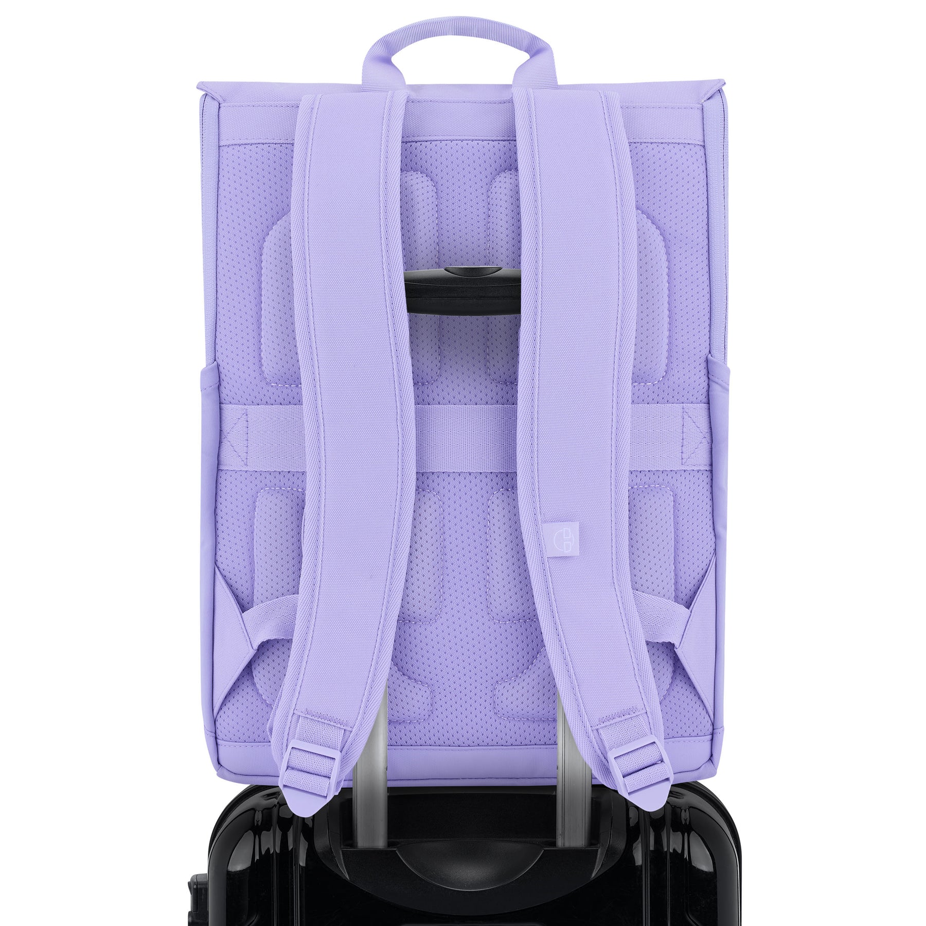 Rucksack 'Mika' in fliederlila mit gepolsterten Rücken- und Schulterriemen, aufgezogen auf schwarzen Koffergriff