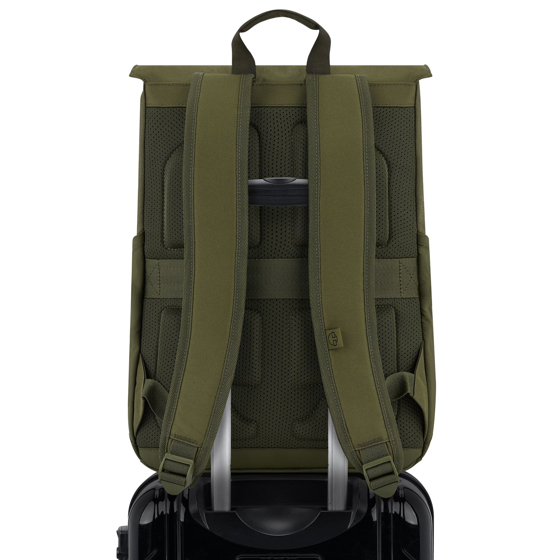 Rucksack 'Mika' in Olivgrün mit gepolstertem Rücken und Schultergurten auf einem Trolleygriff