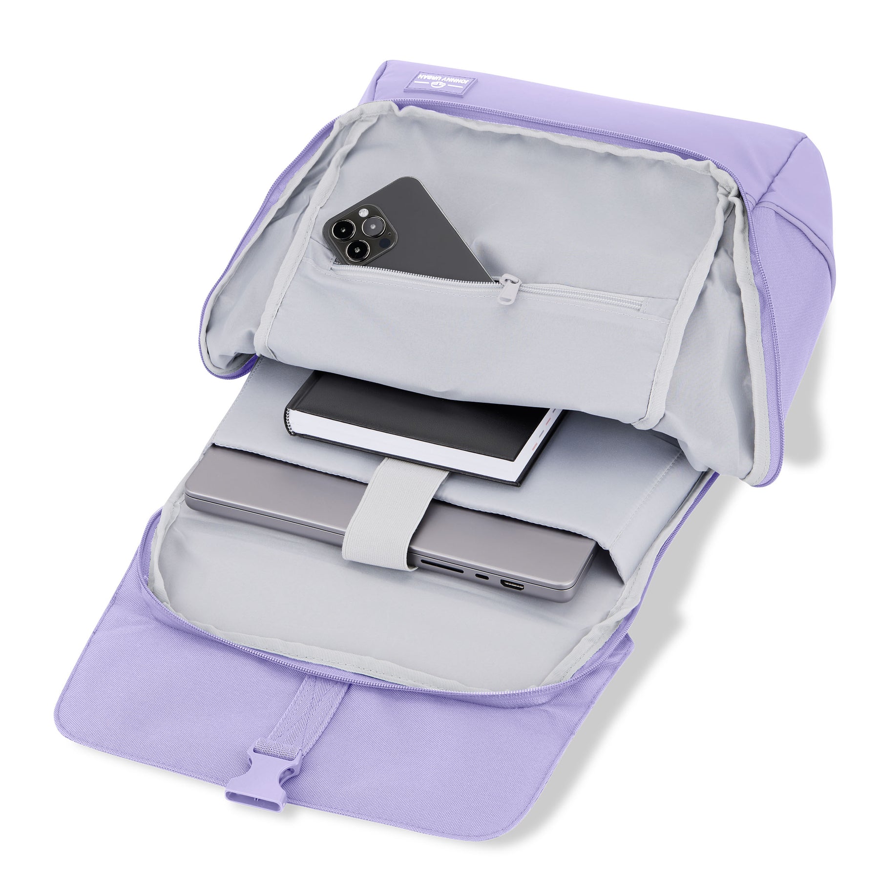 Offener lila Tagesrucksack 'Mika' mit Laptopfach, Smartphone und Notizbuch im Inneren