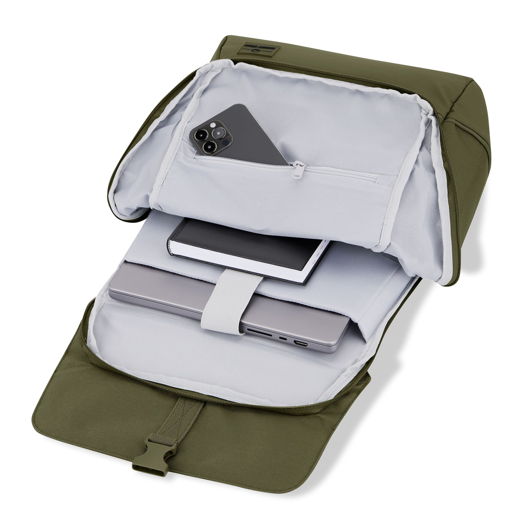 Offener olivgrüner Rucksack 'Mika' mit gepolstertem Laptopfach, Notizbuch und Smartphonefach