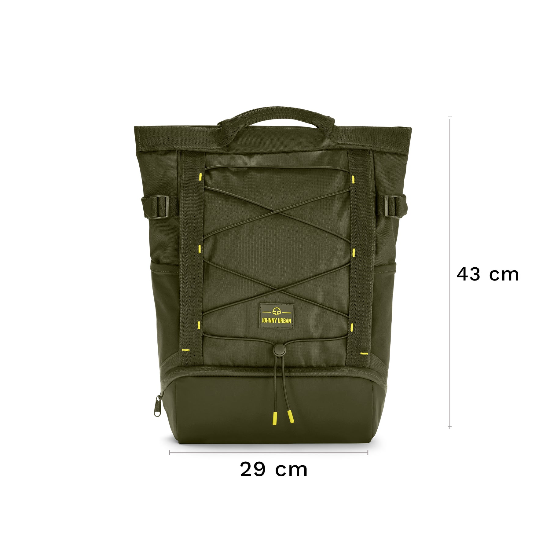 Moderner olivfarbener Tagesrucksack Harper von Johnny Urban mit Kordelzug und Maßen 29x43 cm