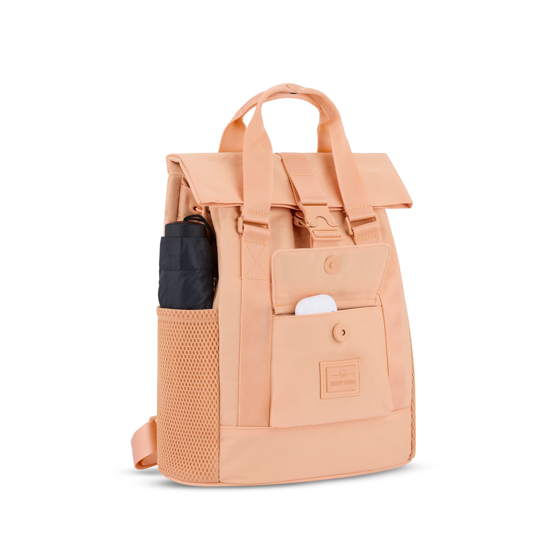 Pfirsichfarbener Tagesrucksack 'Jules' mit zwei Tragegriffen, Fronttasche und seitlichem Netzfach mit Regenschirm