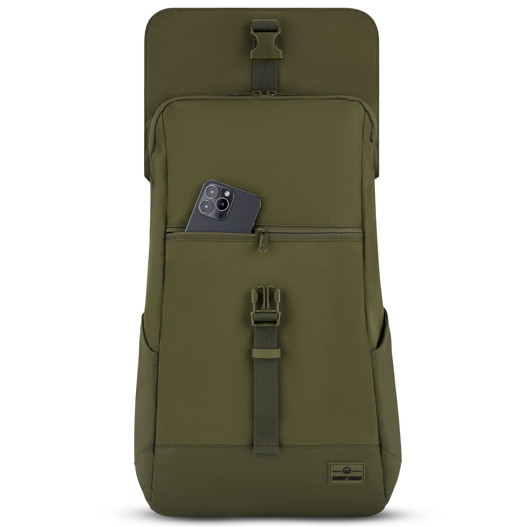 Olivefarbener Rucksack 'Mika' mit Fronttasche und Smartphone darin